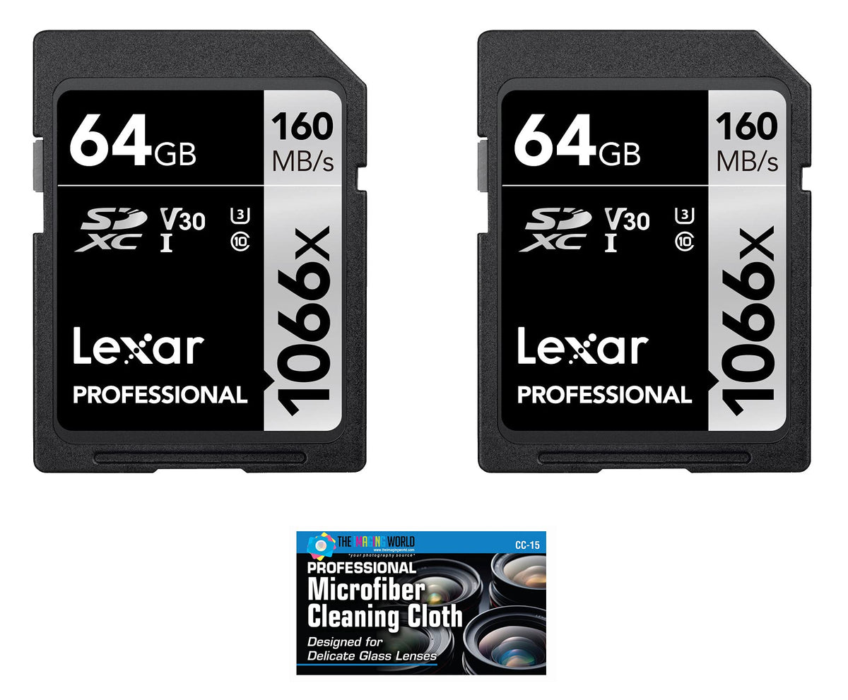 Lexar 64Gb Professional 1066X Sdxc Class 10 Uhs-I Memory Card 2-Pack Bundle With Microfiber Cloth