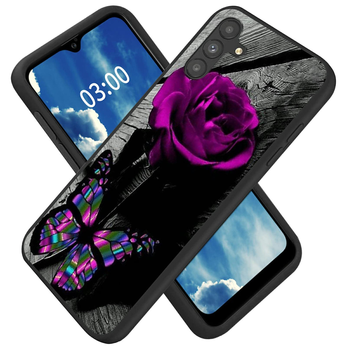 Bfserobj Galaxy A14 5G Case For Samsung A14 5G Case With Purple Rose Butterfly Pattern Design Slim Black Soft Tpu Silicone Shock