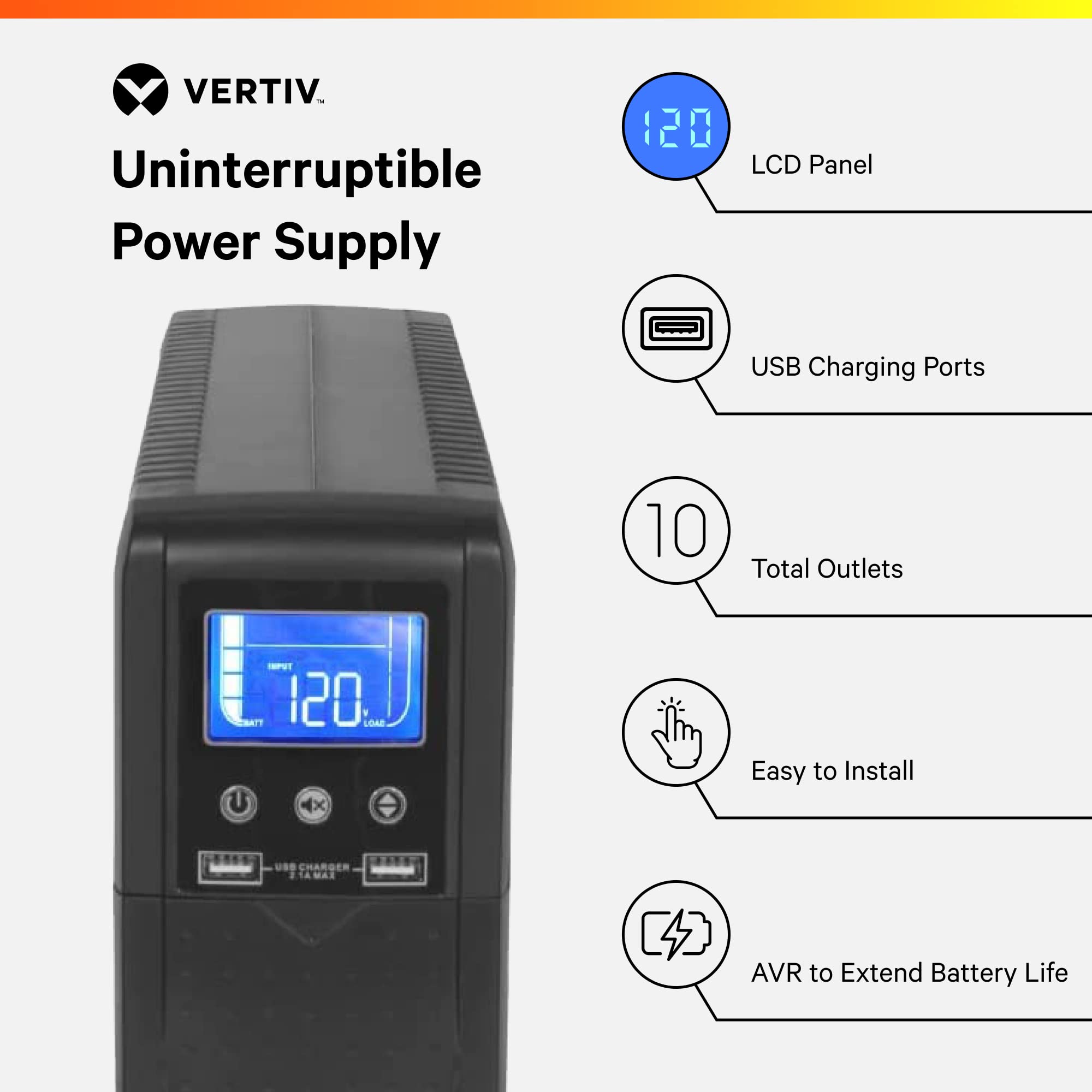 Vertiv Liebert Psa5 Ups - 1000Va/600W 120V Line Interactive Avr Tower Ups, 10 Outlets, 2 Usb Charging Ports, Battery Backup W/ S