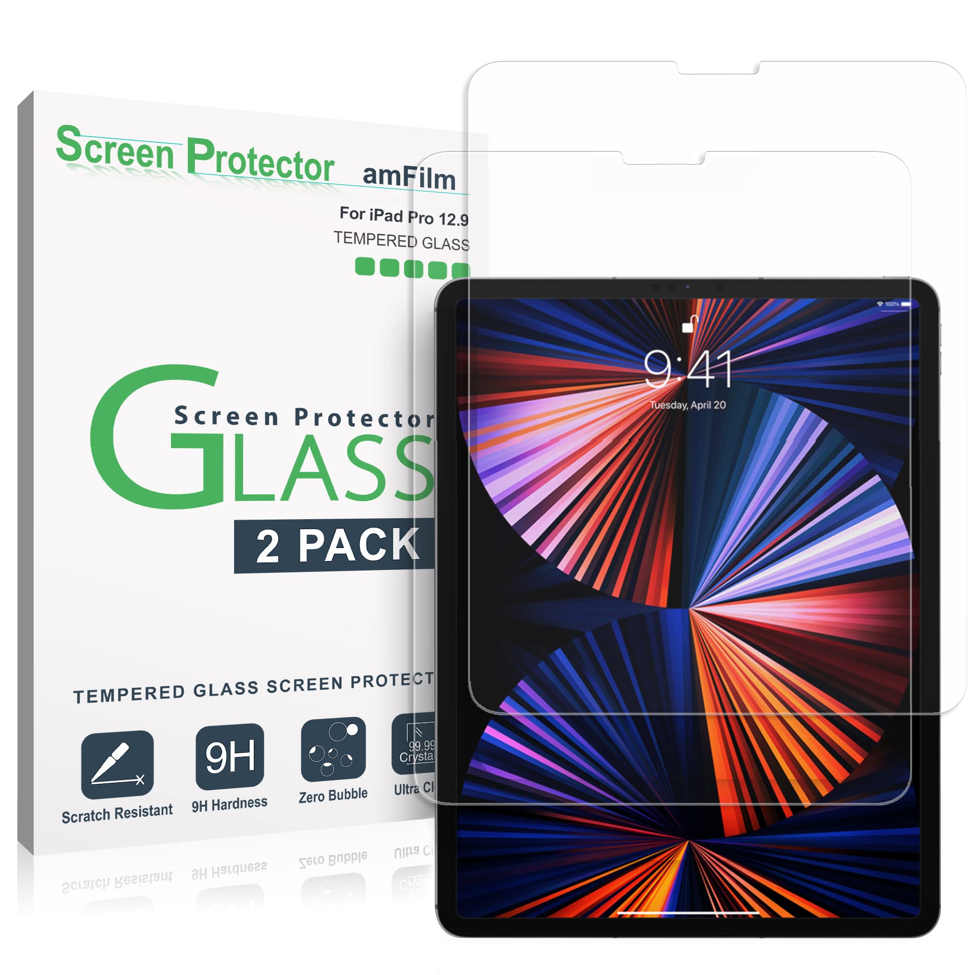 amFilm (2 Pack for iPad Pro 12.9 (2022, 2021, 2020, 2018) Glass Screen Protector for iPad Pro 12.9 inch, Tempered Glass, Ultra S