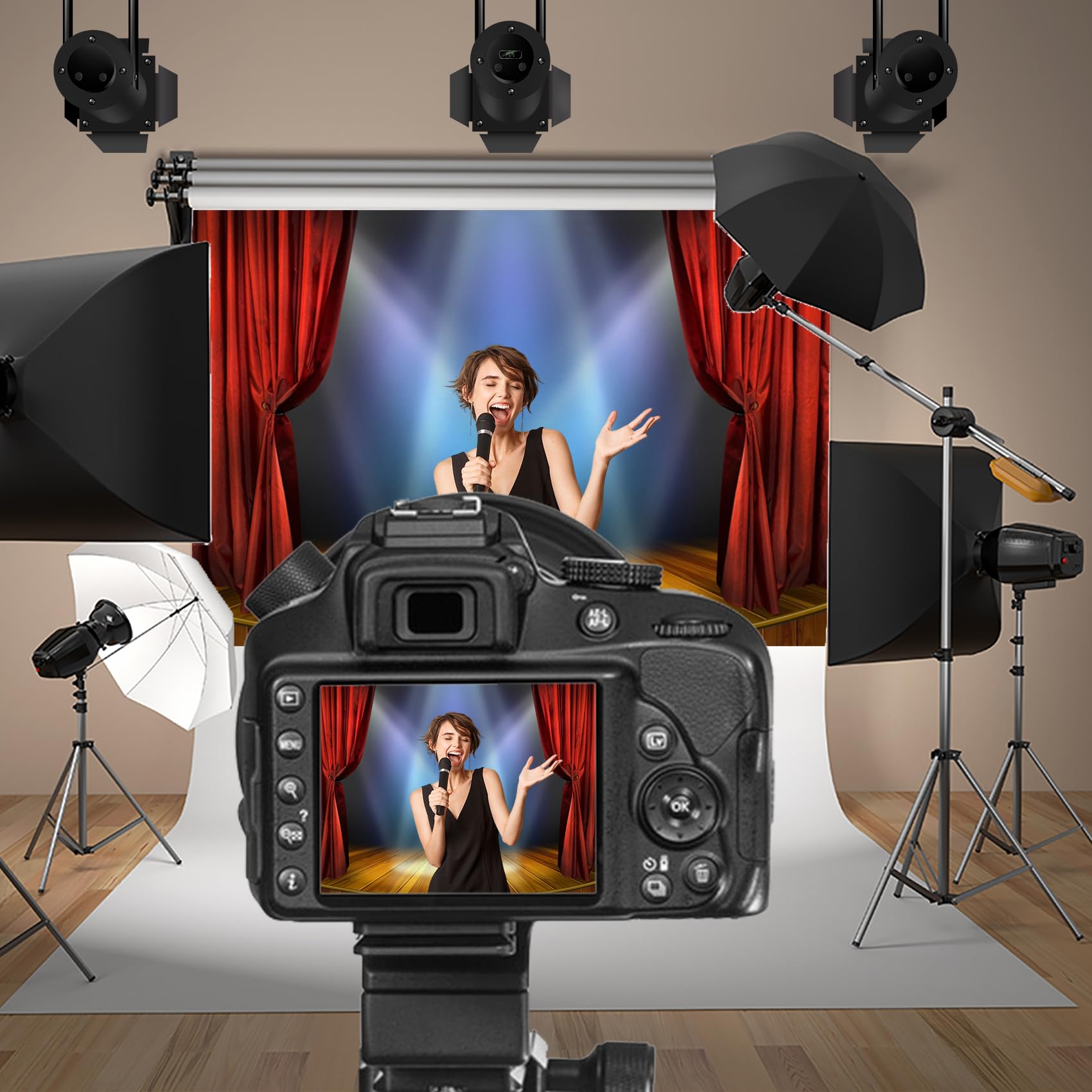 Baocicco 7X5Ft Theater Stage Backdrop Red Curtains Backdrop Photography Background Stage Spotlights Wooden Floor Festival Celebr