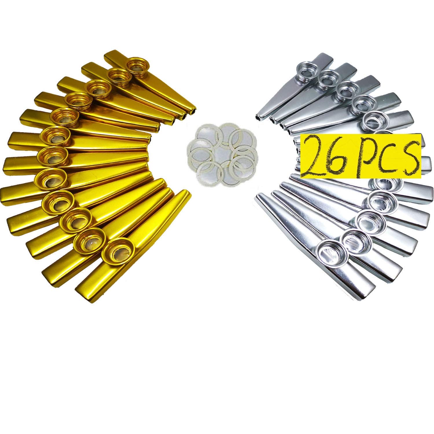 Fartime 26Pcs Metal Gold And Silver Kazoos With 20Pcs Kazoo Flute Diaphragms,Musical Instruments,Good Gift For Kids,A Good Compa
