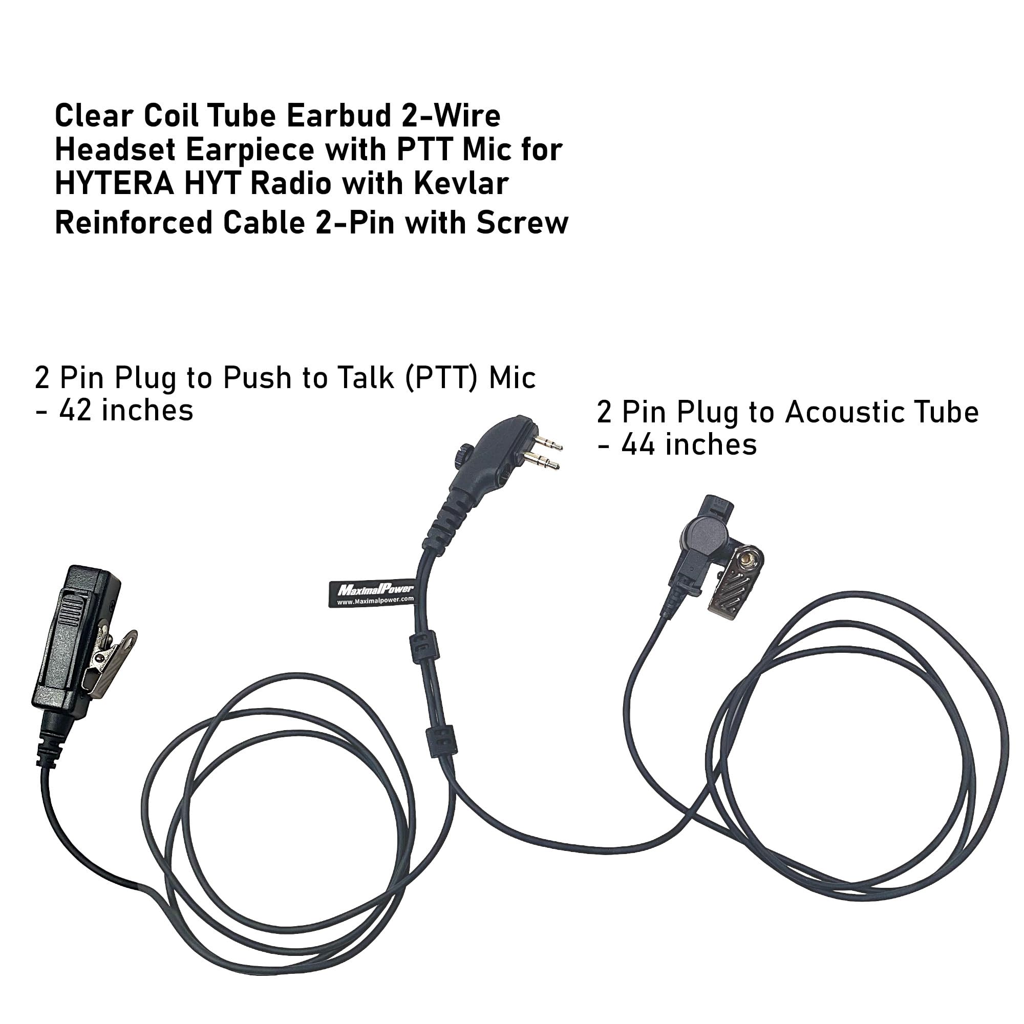 Maximalpower Clear Coil Tube Earbud Headset Ptt Mic W/Kevlar Hytera 2 Pin Plug With Screw