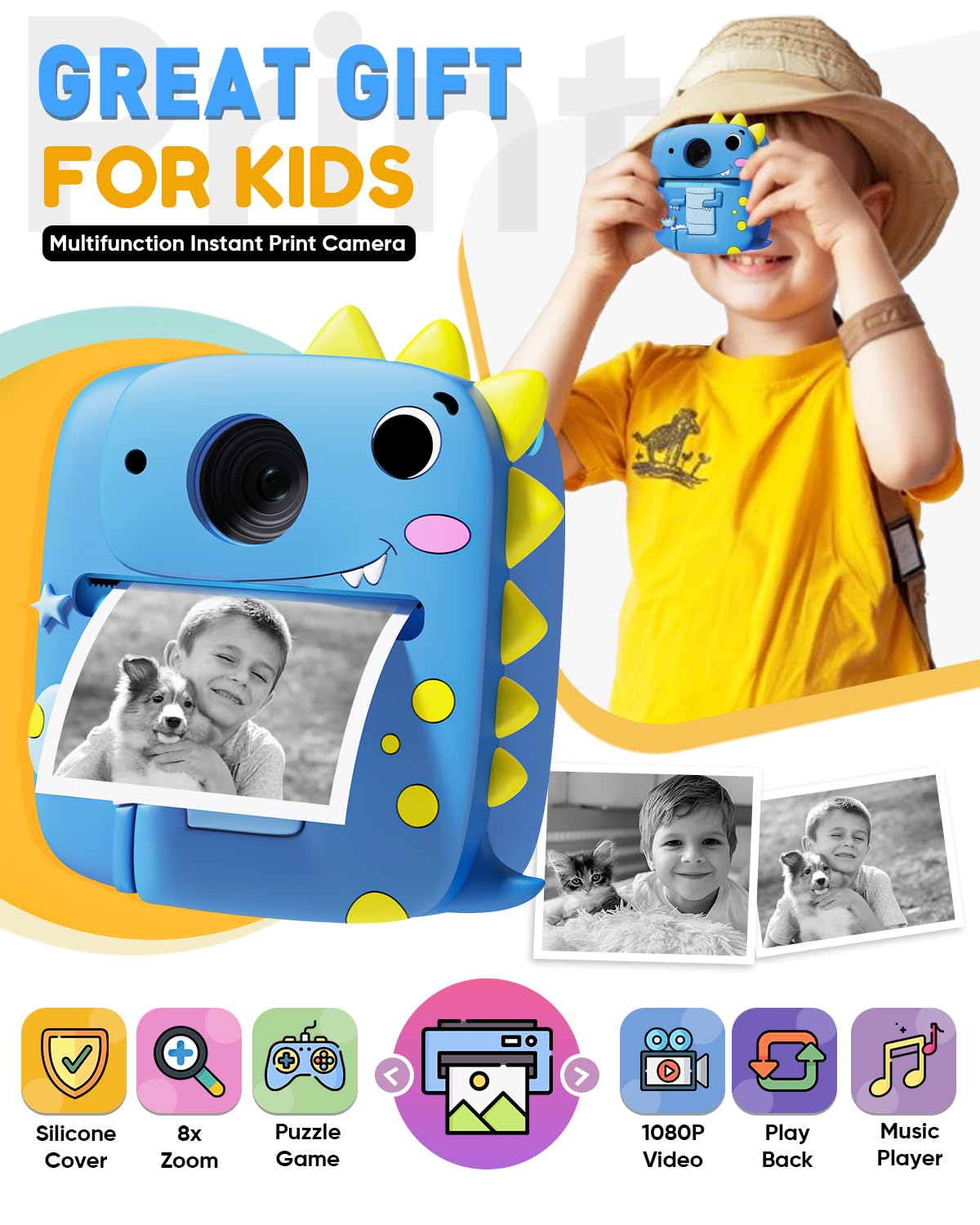 Prysyedawn Kids Camera Instant Print, Christmas Birthday Gifts For Kids Age 3 8, 1080P Digital Camera With Silicone Cover, Toddl