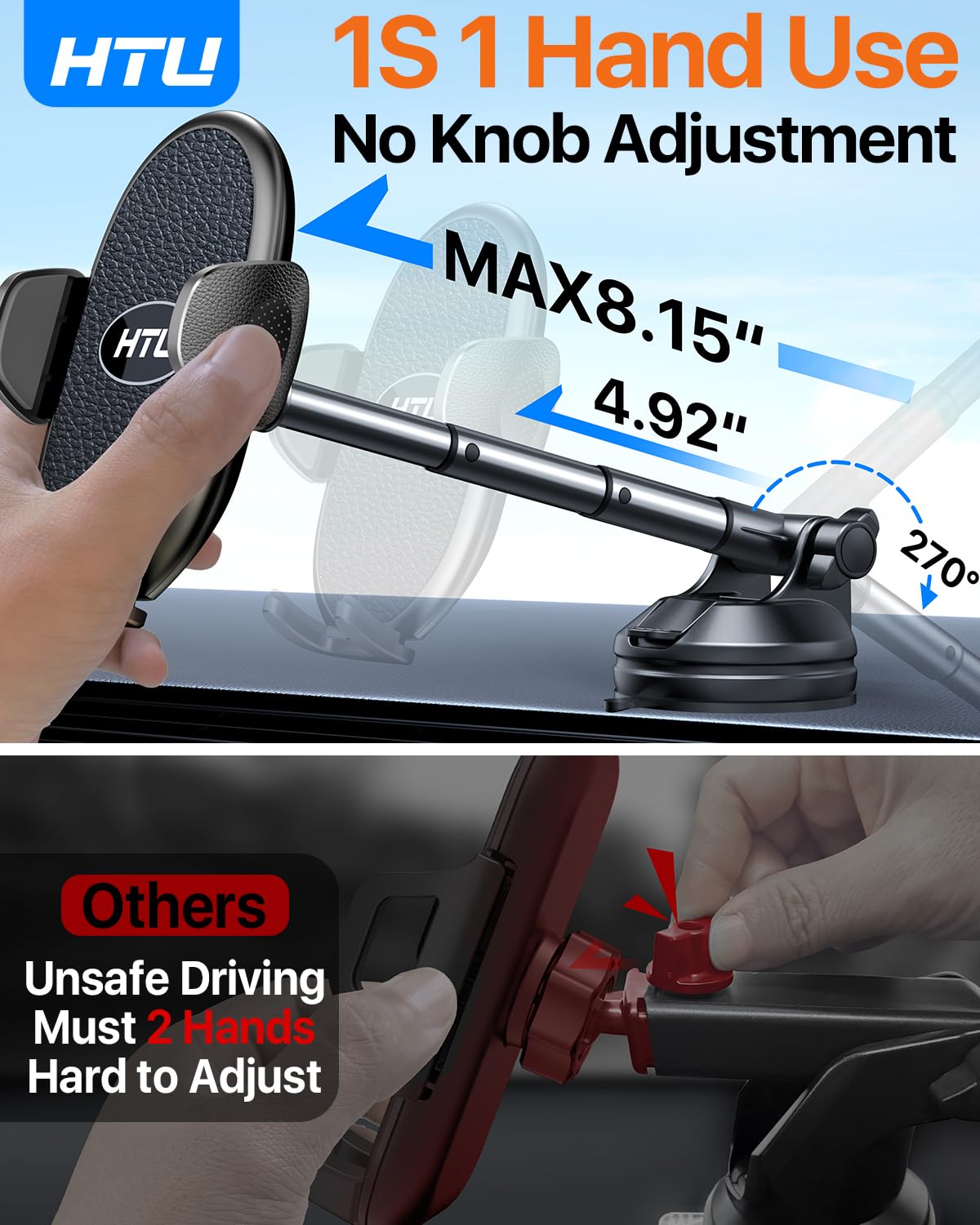 Htu ?Military-Grade Suction? 2025 Cell Phone Holder For Car?Flexible Telescopic Arm? Car Phone Mount Stand For Dashboard Windshi
