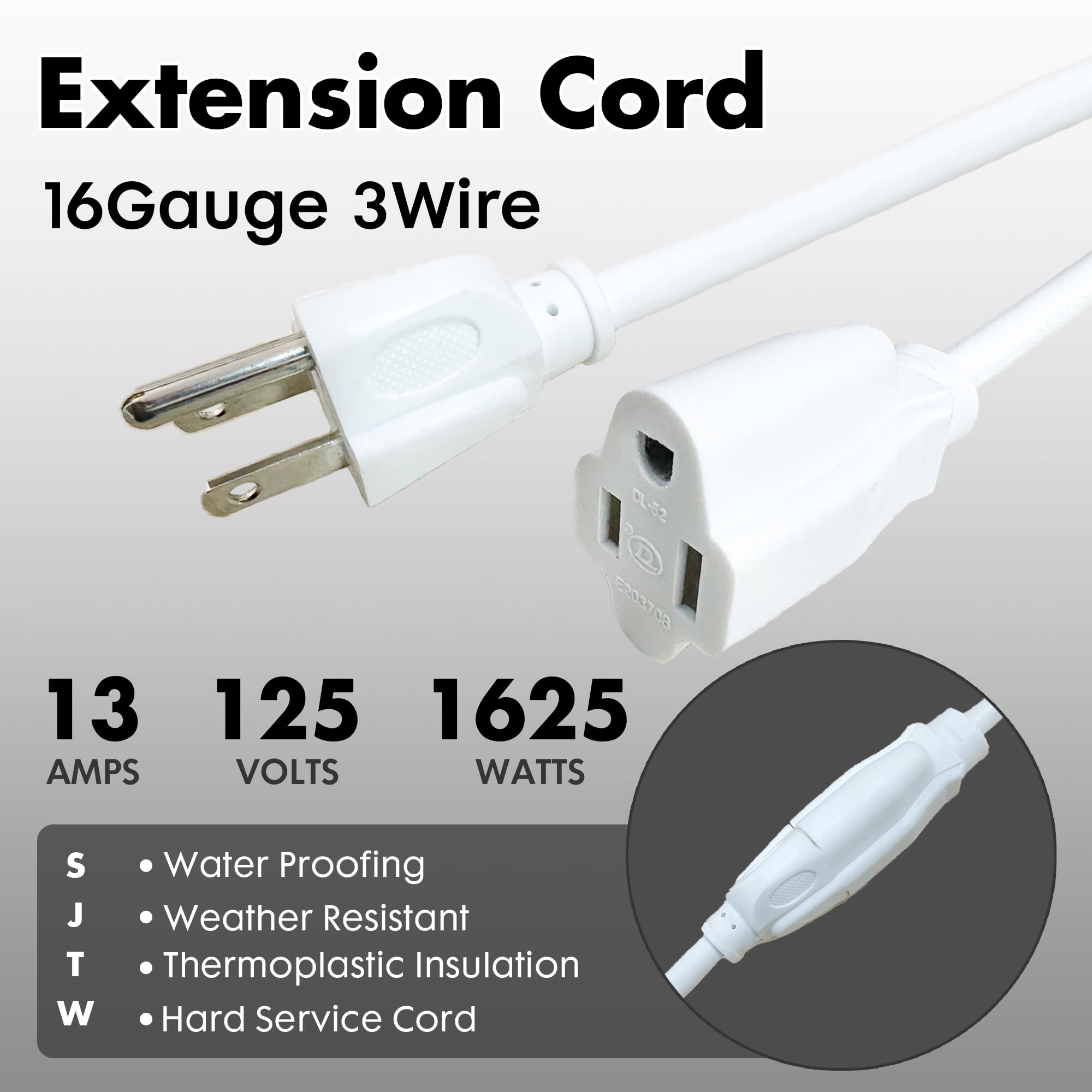 Palarine 6Ft White Outdoor Extension Cord Waterproof, Ul Listed, 16/3 Sjtw Heavy Duty 3 Prong, 16 Gauge 13A Power Cord Ideal For