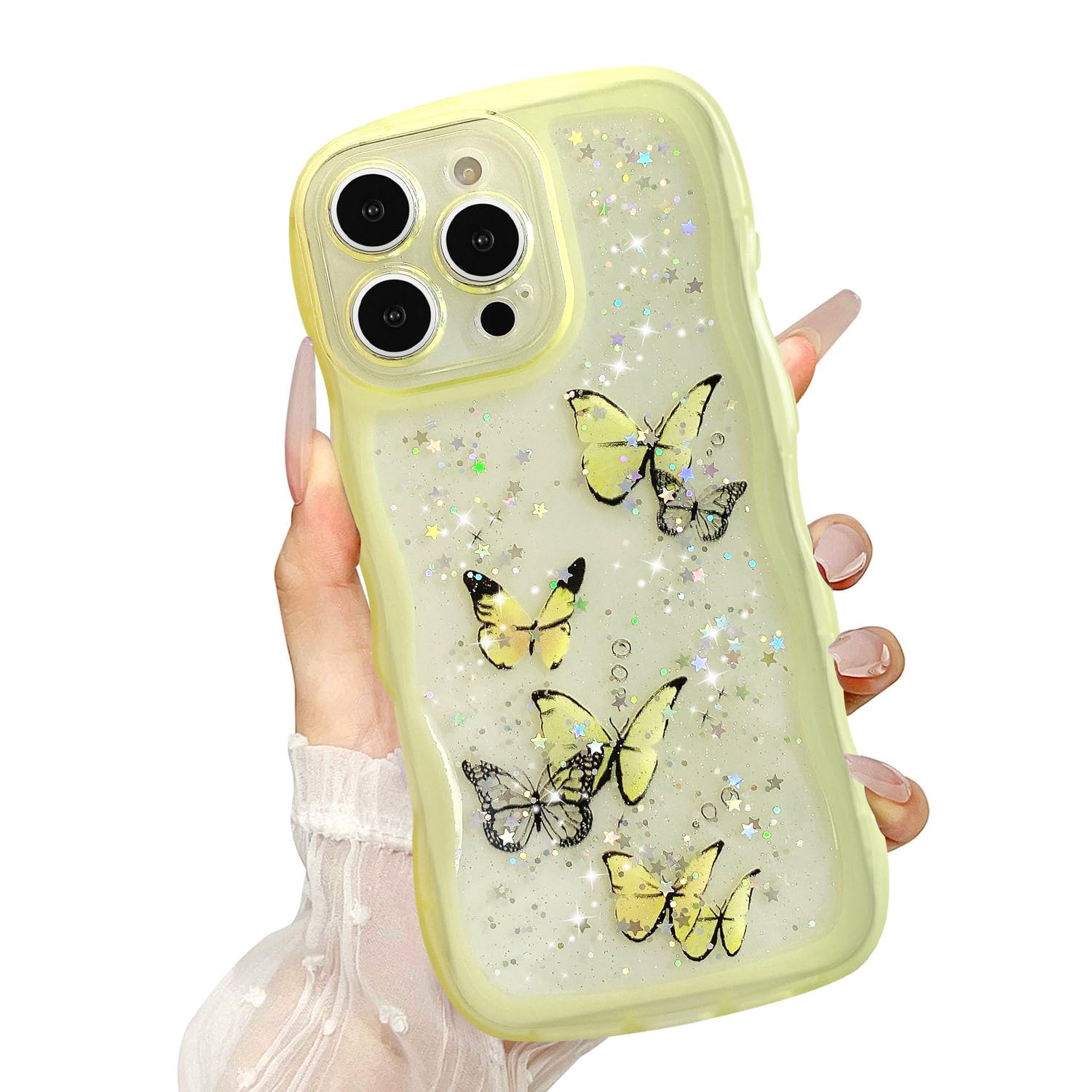 UEEBAI Wave Butterfly Case for iPhone 16 Pro Max Case, Pretty Bling Star Butterfly for Women Cute Shiny Glitter Phone Cover for 