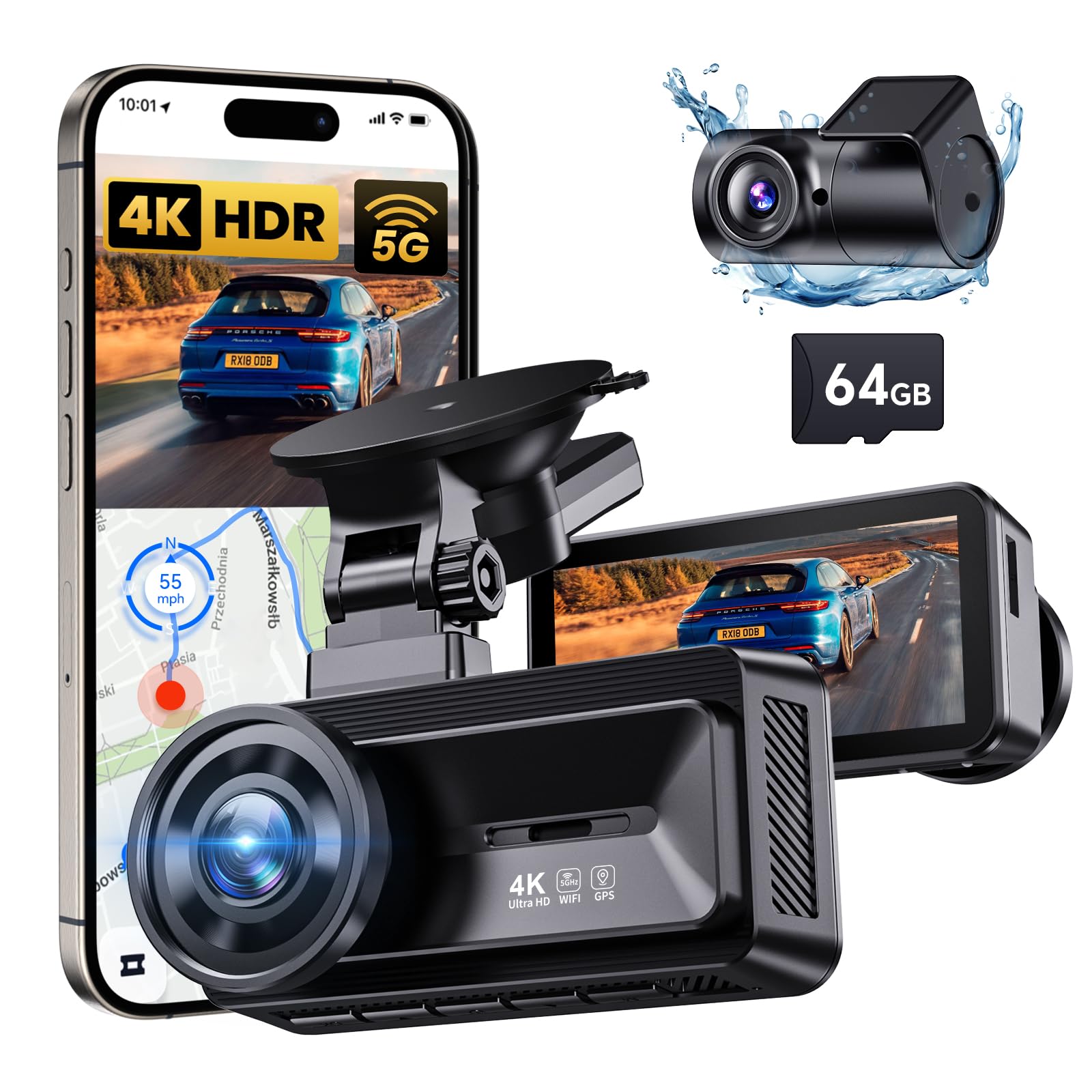 COOLCRAZY Dash Cam Front Rear - 4K+1080P Full HD Dashcam Free 64GB Card, with 5G WiFi GPS, Dual Dash Camera for Cars with 3 IPS 