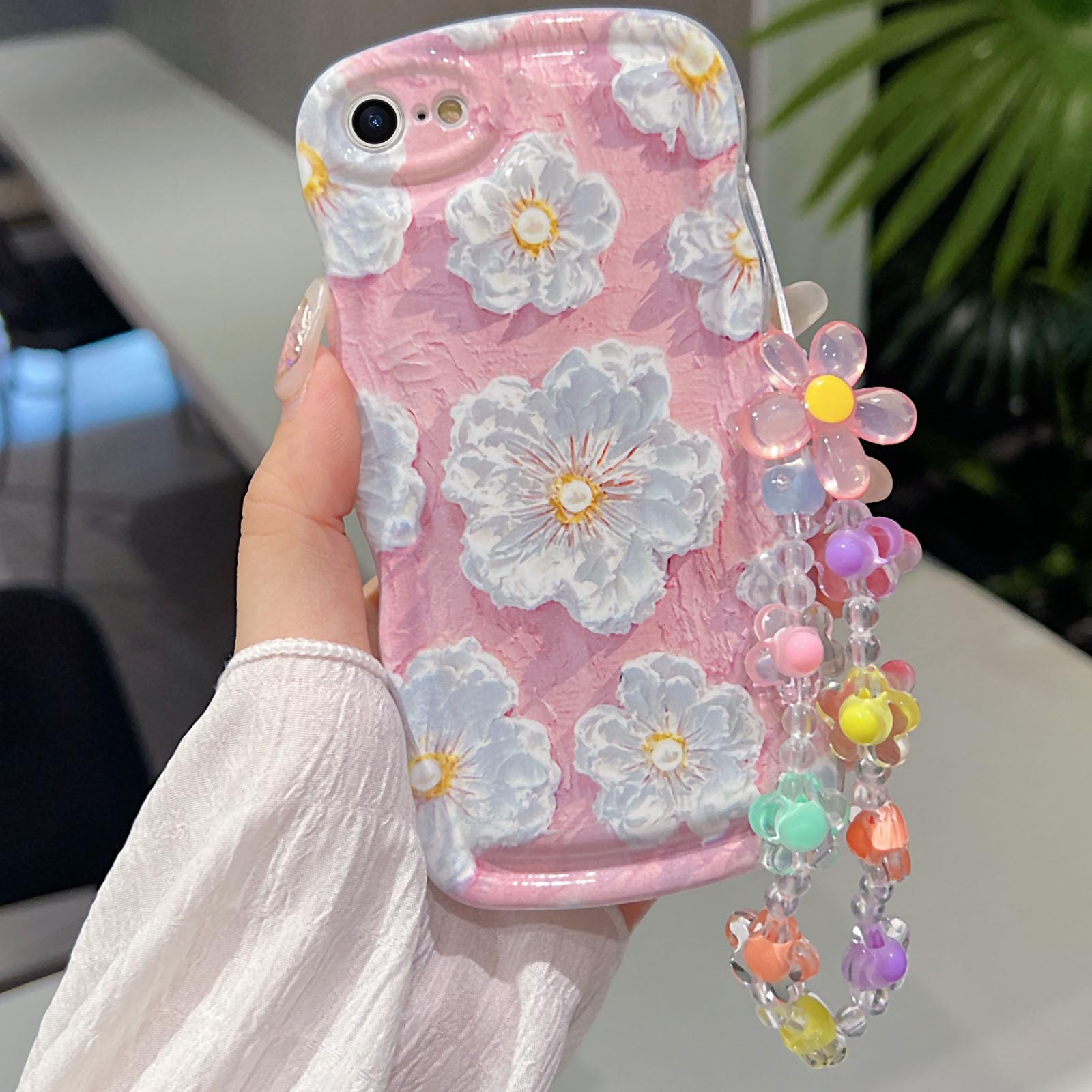 for iPhone 6 iPhone 6s Curly Wavy Case, Cute Colorful Retro Oil Painting Flower Glossy Pattern [with Bead Chain], Slim Fit Shock