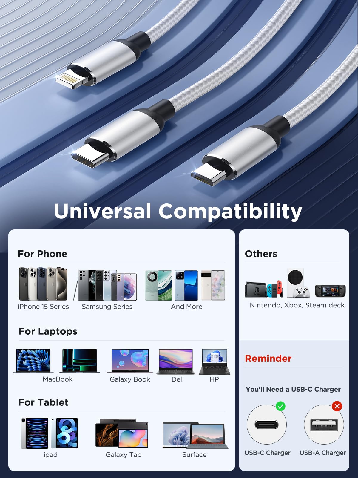 Aioneus Multi Charging Cable, (3Pack 4Ft) Multi Usb Charger Cable 3 In 1 Universal Nylon Multiple Charging Cord With Type C/Micro Usb Connectors For Most Phones & Tablets