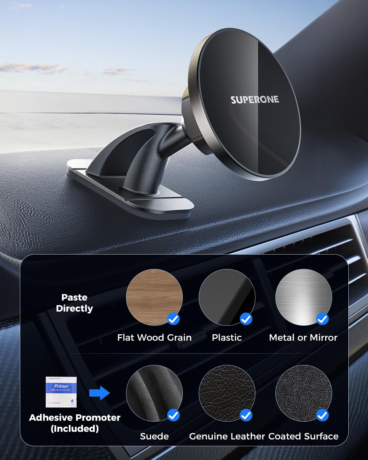 Superone For Magsafe Car Mount, [Never Drop] Strong Magnetic Phone Holder For Car Dash, [Hands Free] 360 Rotation Car Phone Hold