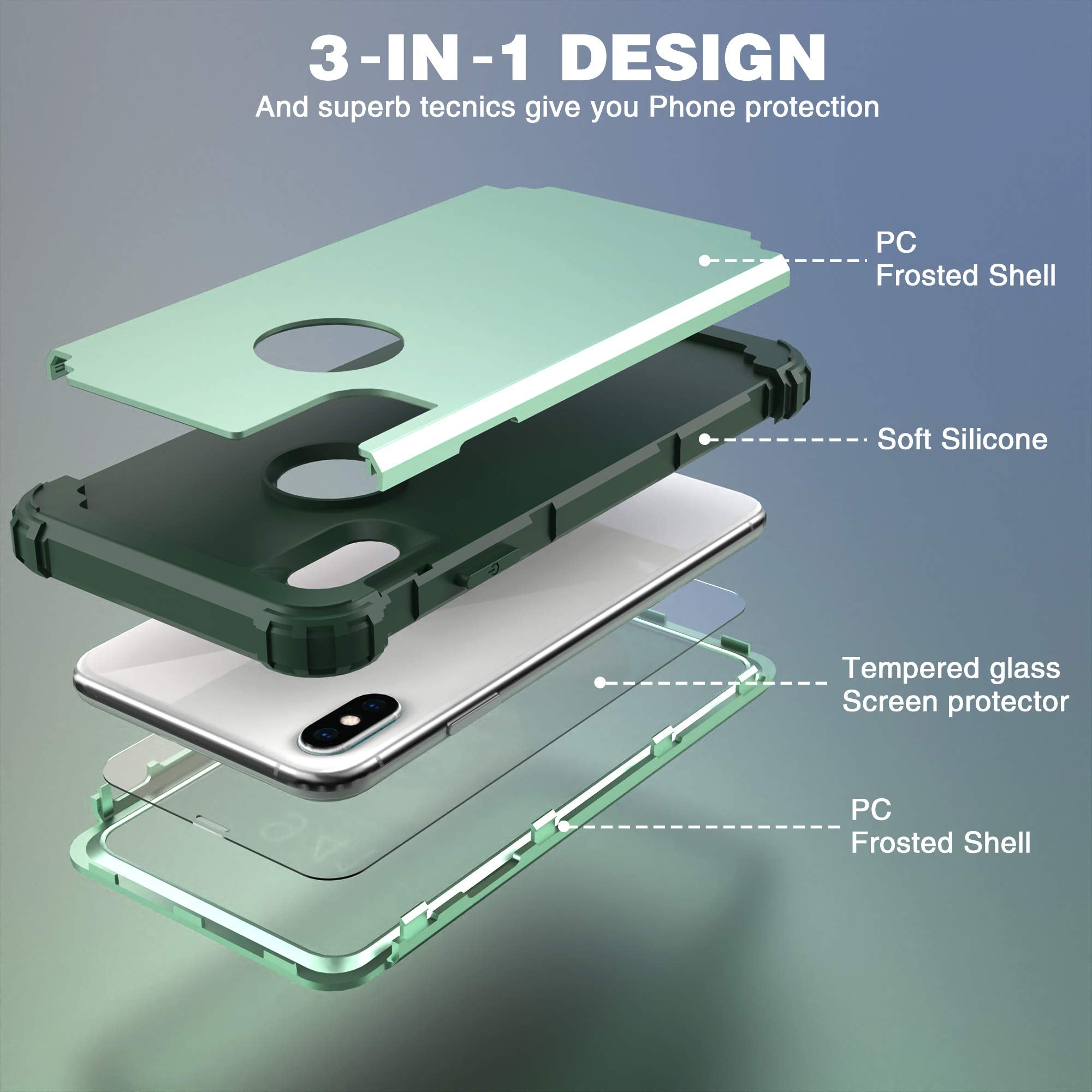 IDweel iPhone Xs Max Case 3-in-1 Shock Absorption Hard PC Soft Silicone Tempered Glass Mint Green