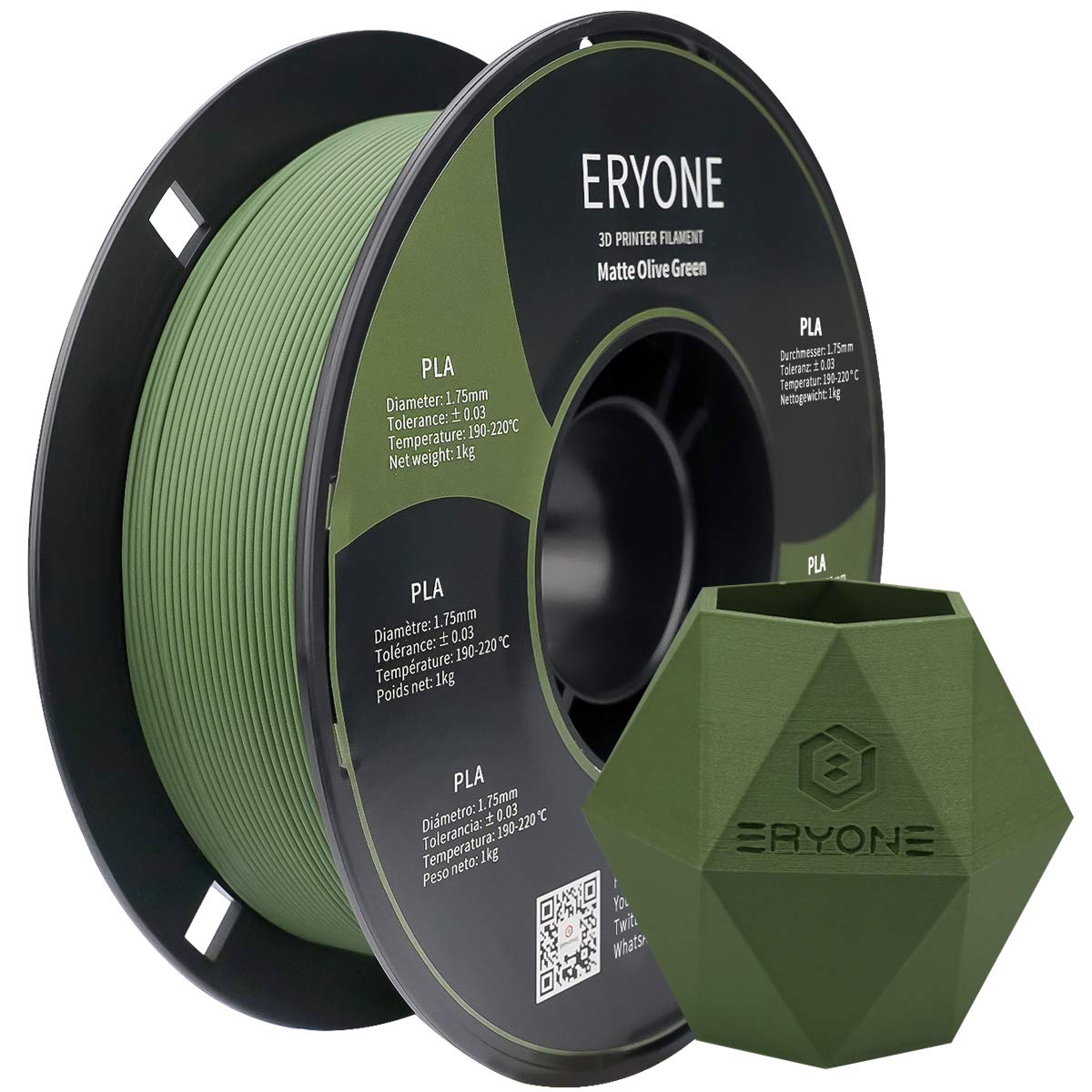 Eryone Matte Pla Filament For 3D Printer, Filament 1.75Mm +/  0.03Mm, 1Kg (2.2Lbs)/Spool, Olive Green