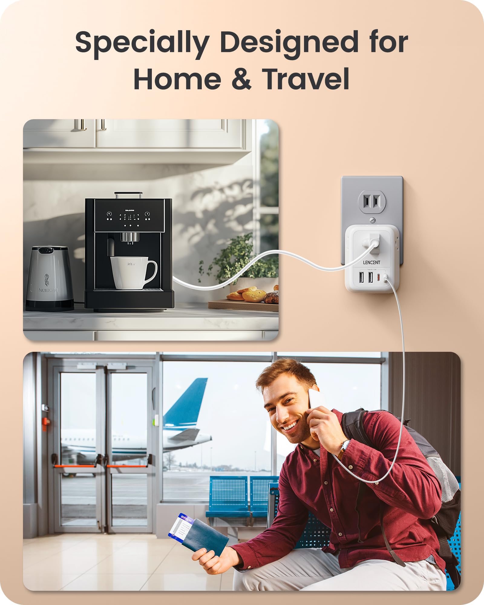 Lencent Foldable Japan Travel Adapter, 2 To 3 Prong Outlet Adapter, Us To Japan Plug Adapter With 4 Ac Outlets 4 Usb Charger Cub