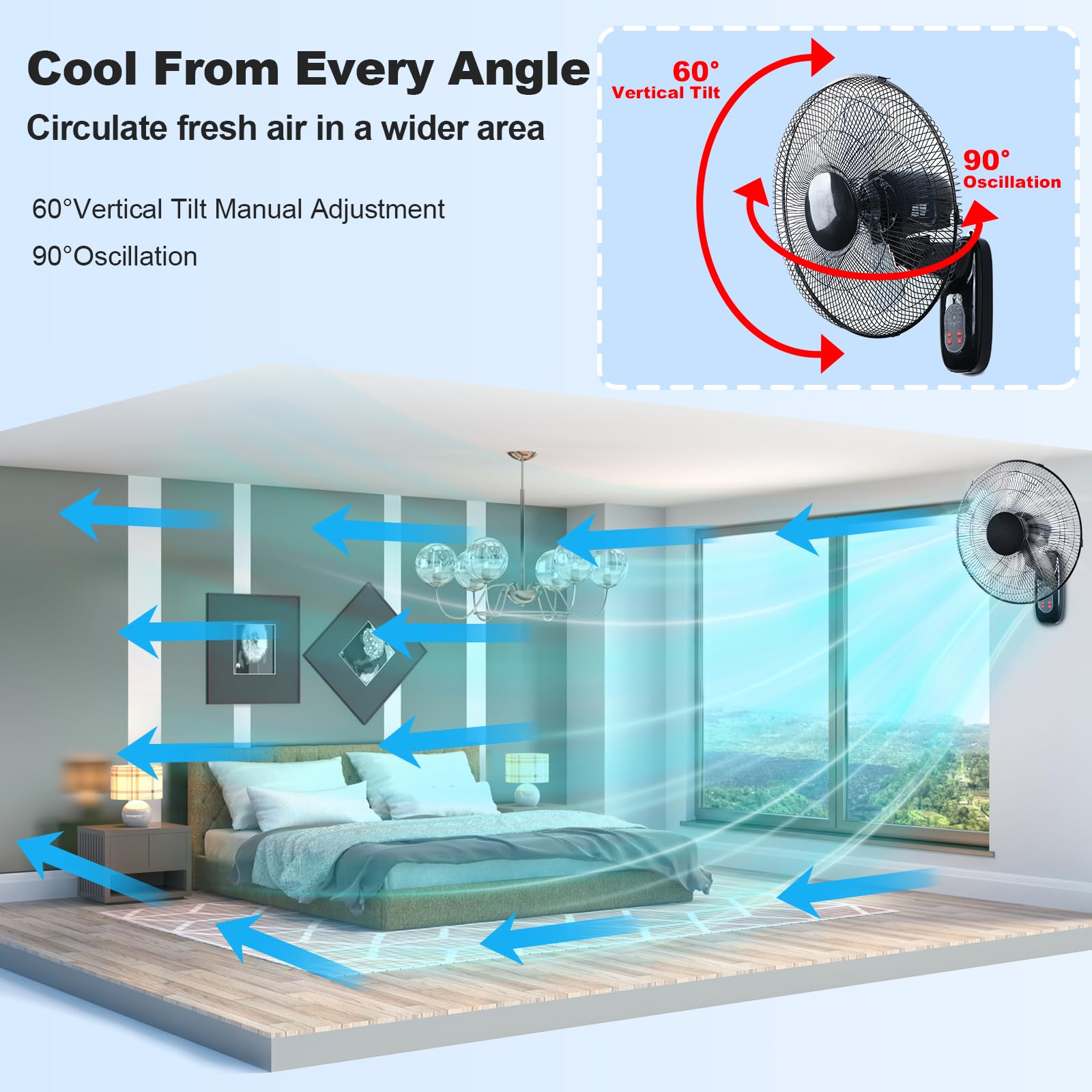 Aottop 16 Inch Wall Mount Fan With Remote Control - 3-Speed And 3 Modes, Timer Function, Adjustable Head, Oscillating Fan For Ho