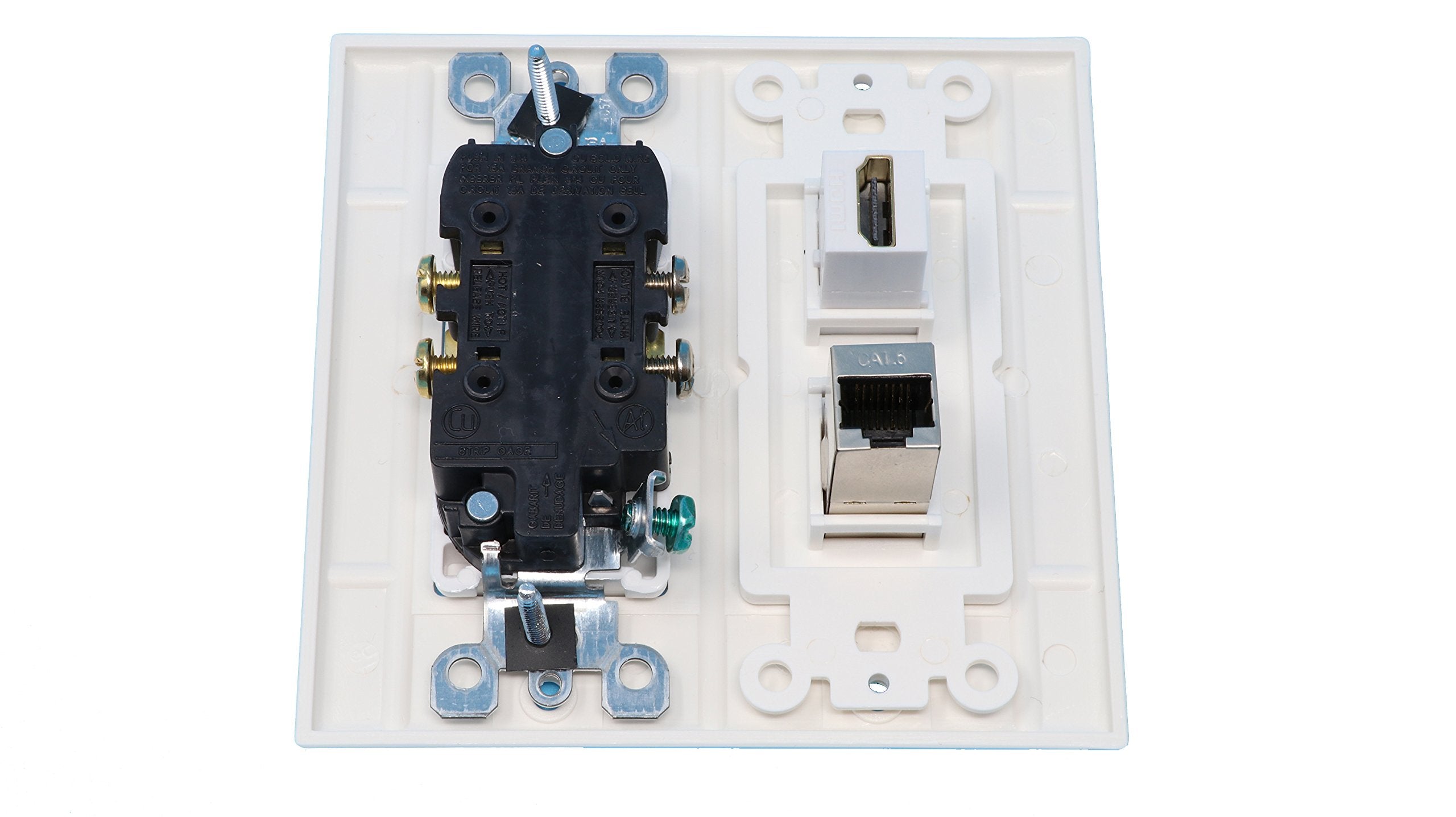 Riteav   15 Amp Power Outlet And 1 Port Hdmi And 1 Port Shielded Cat6 Ethernet Decorative Type Wall Plate   White