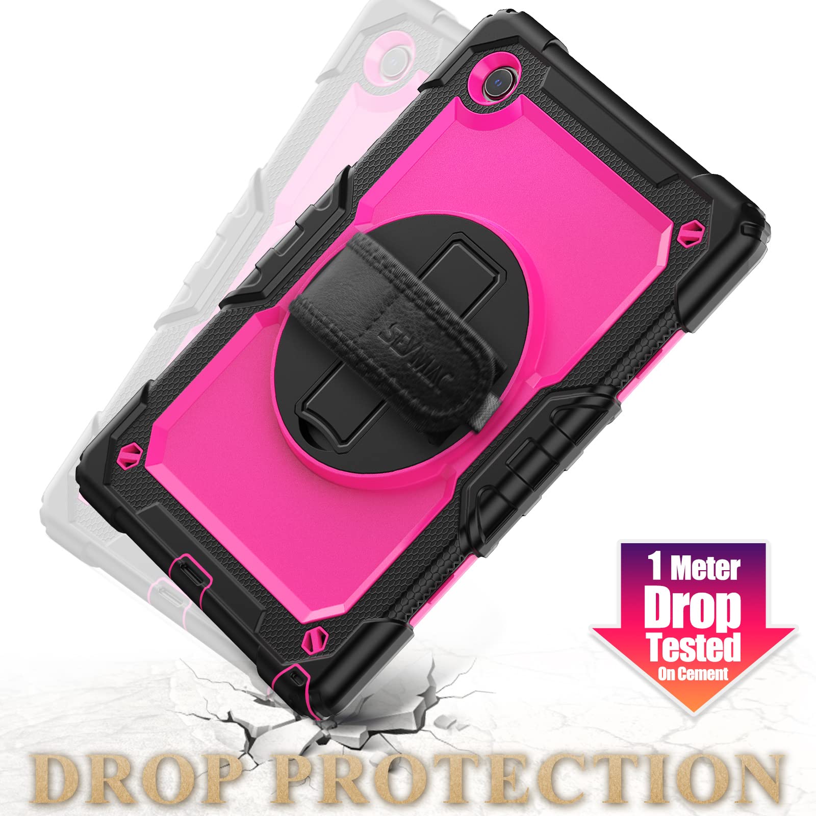 Seymac Stock 360 Hand Strap Shockproof Case For Samsung Galaxy Tab A8 10.5 Inch, Pink+Black