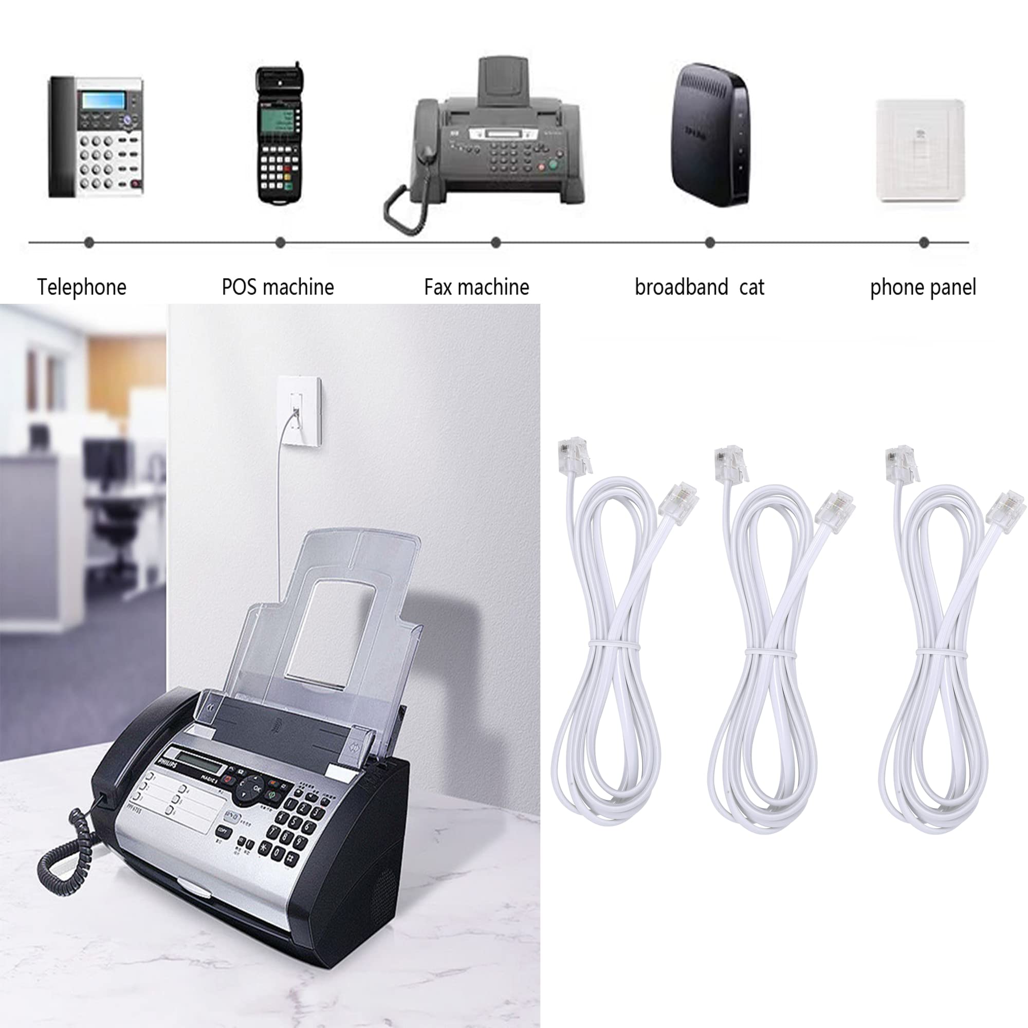 Telephone Landline Extension Cord Cable Cord With Standard Rj 11 6P4C Plug (3Ft 3Pack, White)