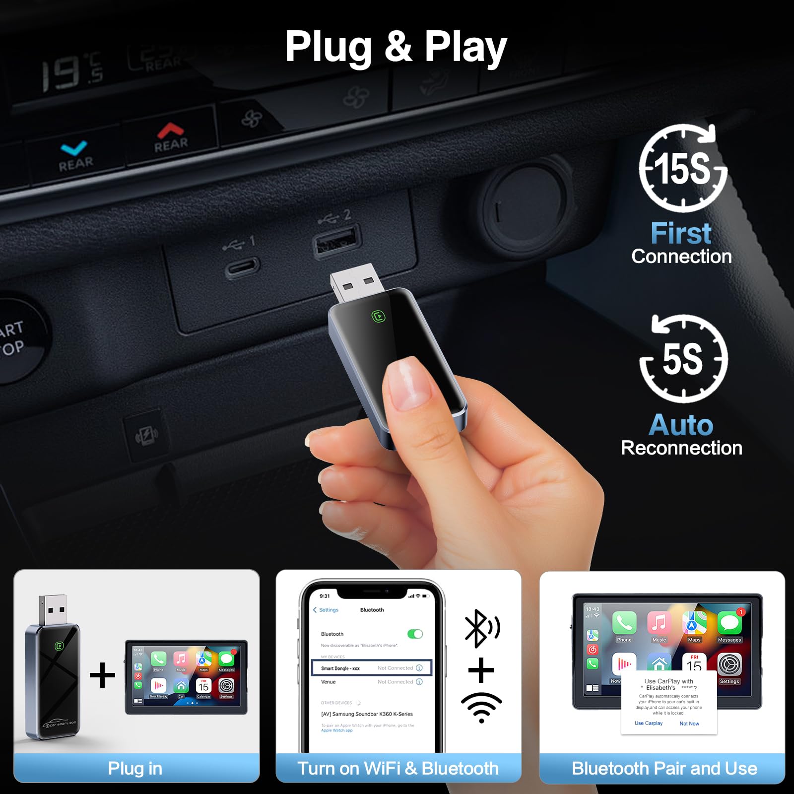 Wireless Carplay Adapter For Apple   2024 Slim Edition, Plug & Play Connection Converts Factory Wired To Wireless Carplay Adapte