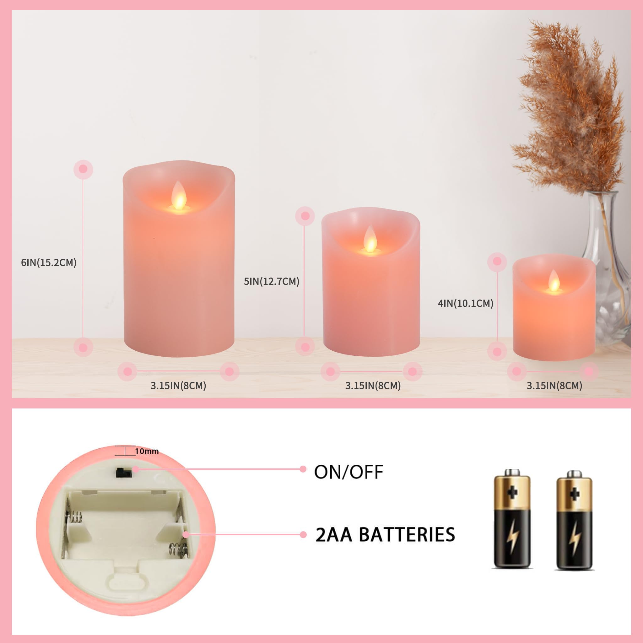 Flameless Led Battery Operated Flickering Candles: 4'' 5'' 6'' Set Of 3 Pink Real Wax Pillar Dancing Flame 10 Key Remote Control