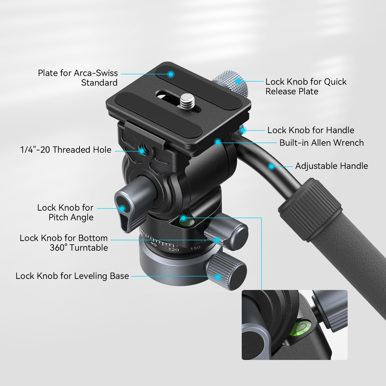 Smallrig Video Head With Leveling Base, Quick Release Plate For Arca Swiss And Adjustable Handle, Tripod Pan Tilt Head Fluid Hea