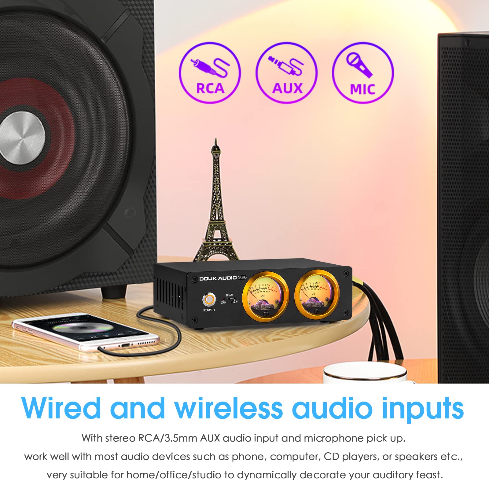 Douk Audio Vu22 Dual Analog Vu Meter Display Db Panel Mic+Line Sound Level Meter (Black)