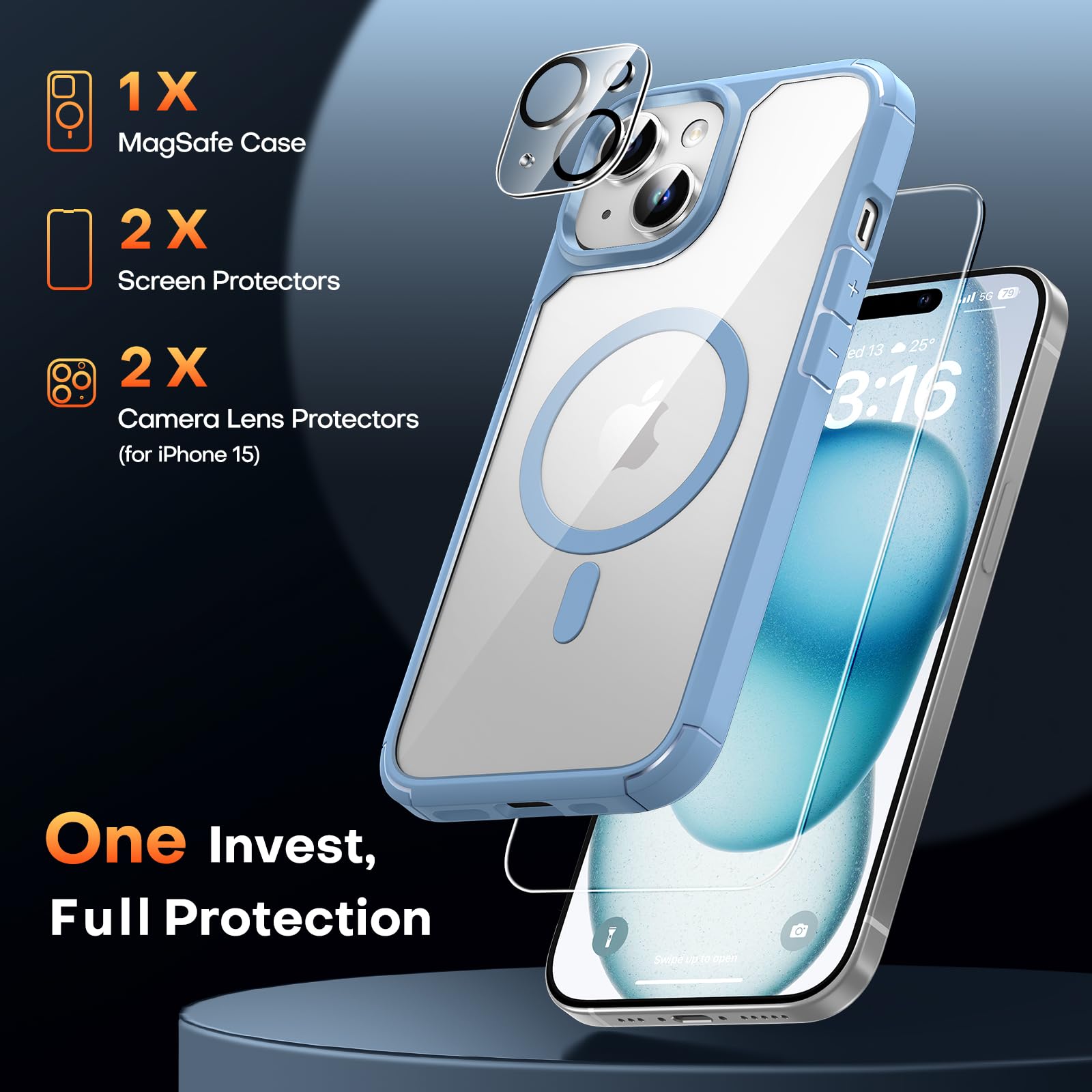Tauri 5 In 1 Magnetic For Iphone 15 Case Blue, [Compatible With Magsafe] [Not Yellowing] With 2X Screen Protector +2X Camera Len