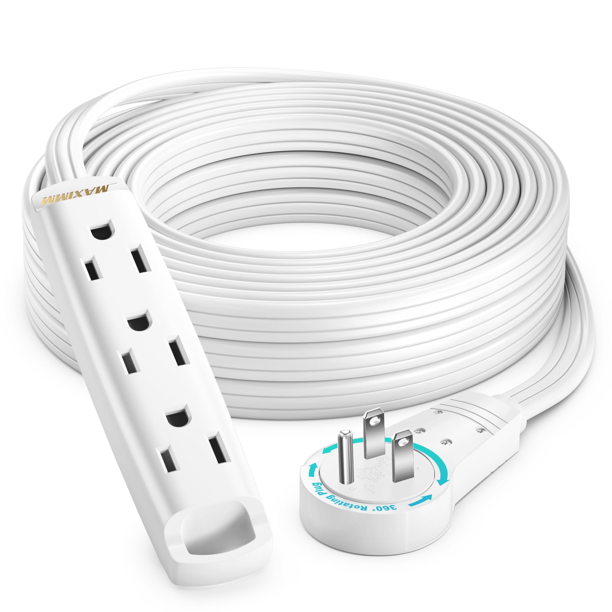 Maximm 25 Ft White 360 Rotating Flat Plug Extension Cord With 3 Outlets On One Side, Extra Long Reach For Home & Office Use Ul L