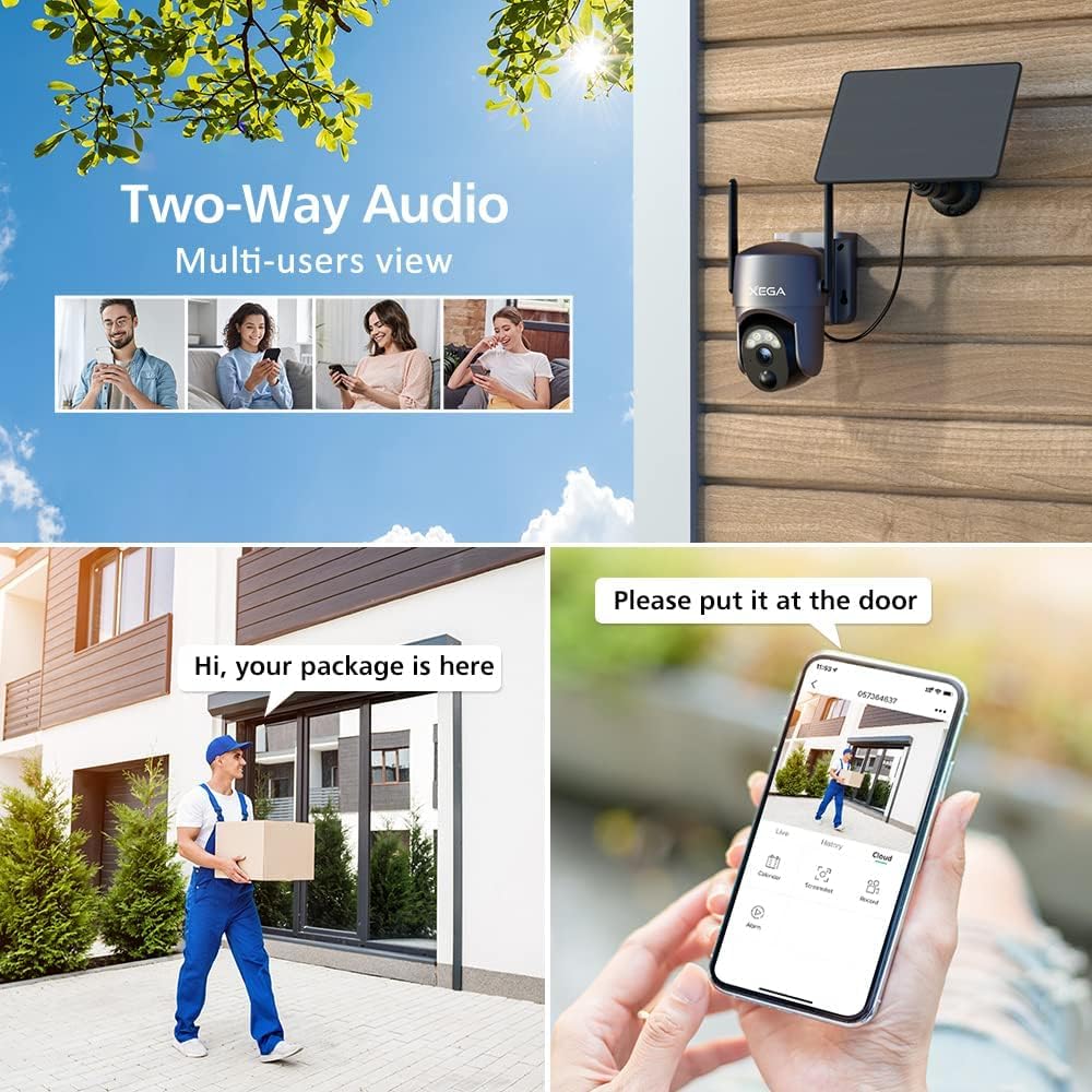 Xega 2 Pack Security Camera Wireless Outdoor 2K 360 Ptz Camera Solar Security Cameras 2.4G Wifi Video Surveillance W/Spotlight &