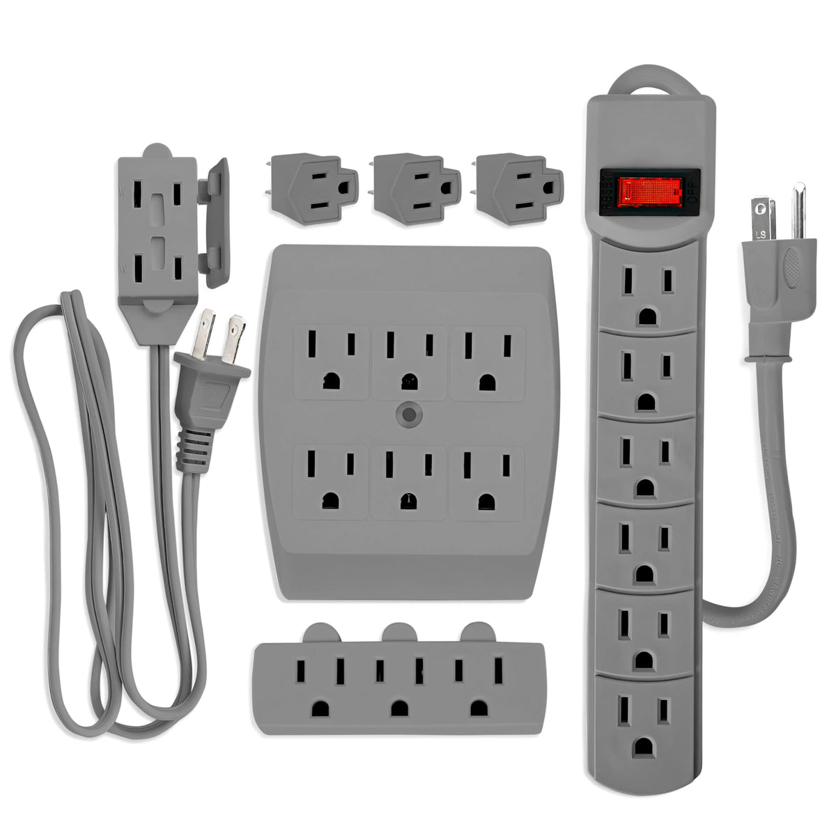 Electery 7 Piece Power Value Pack Multi Outlet Kit Set Includes 6 Outlet Power Strip, 6 Outlet Extender, 3 Outlet Extender, 5 Ft