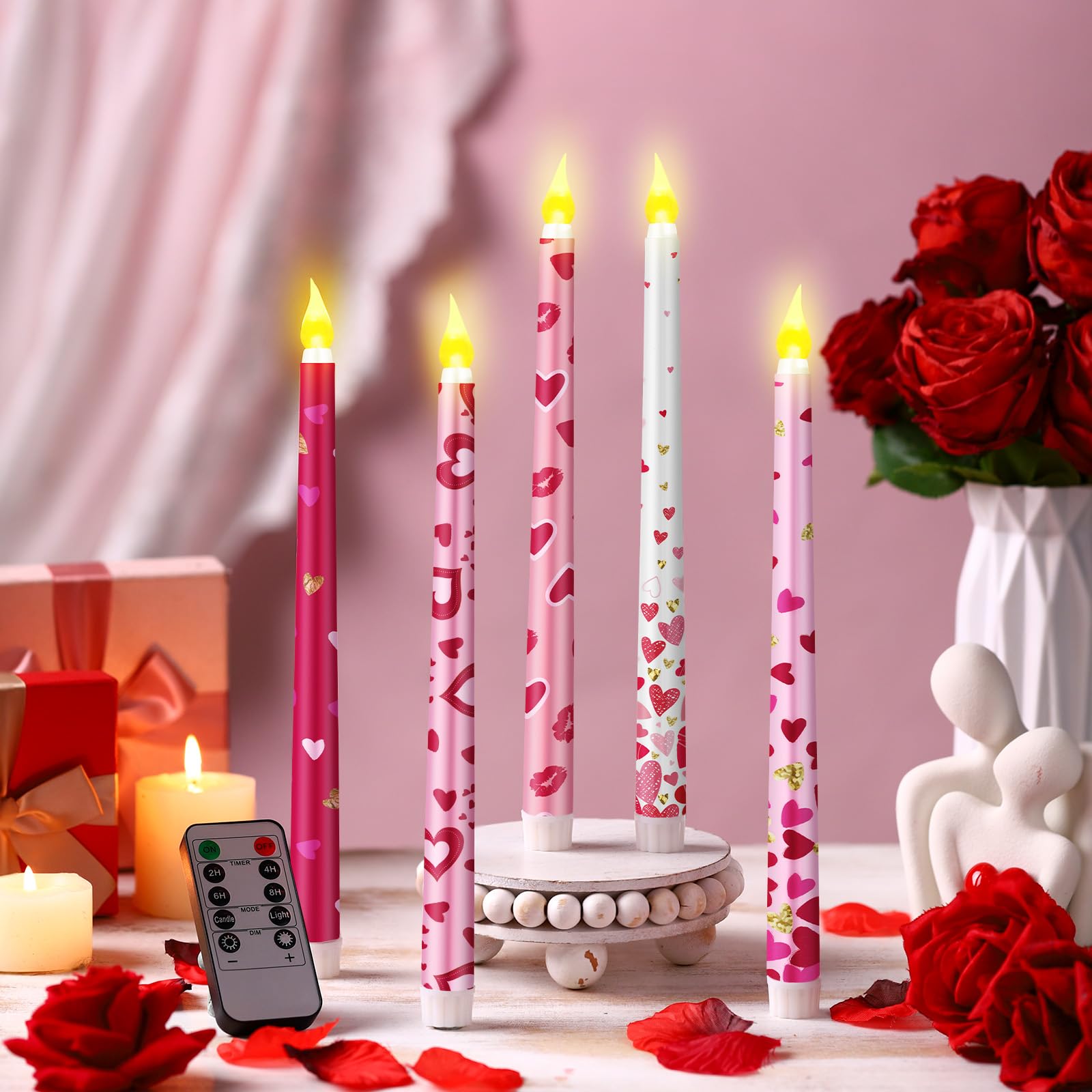 Aurelema 5 Pcs Valentines Day LED Flameless Candle Set Valentine Day Flameless Taper Candles with Heart Battery Operated Seasona