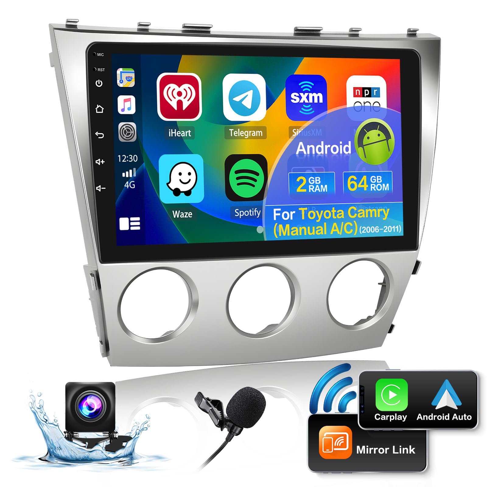 (Manual A/C)Roinvou 2+64G Android 13 Carplay Stereo For 2006 2011 Toyota Camry, Wireless Carplay Radio With Android Auto, 10.1''
