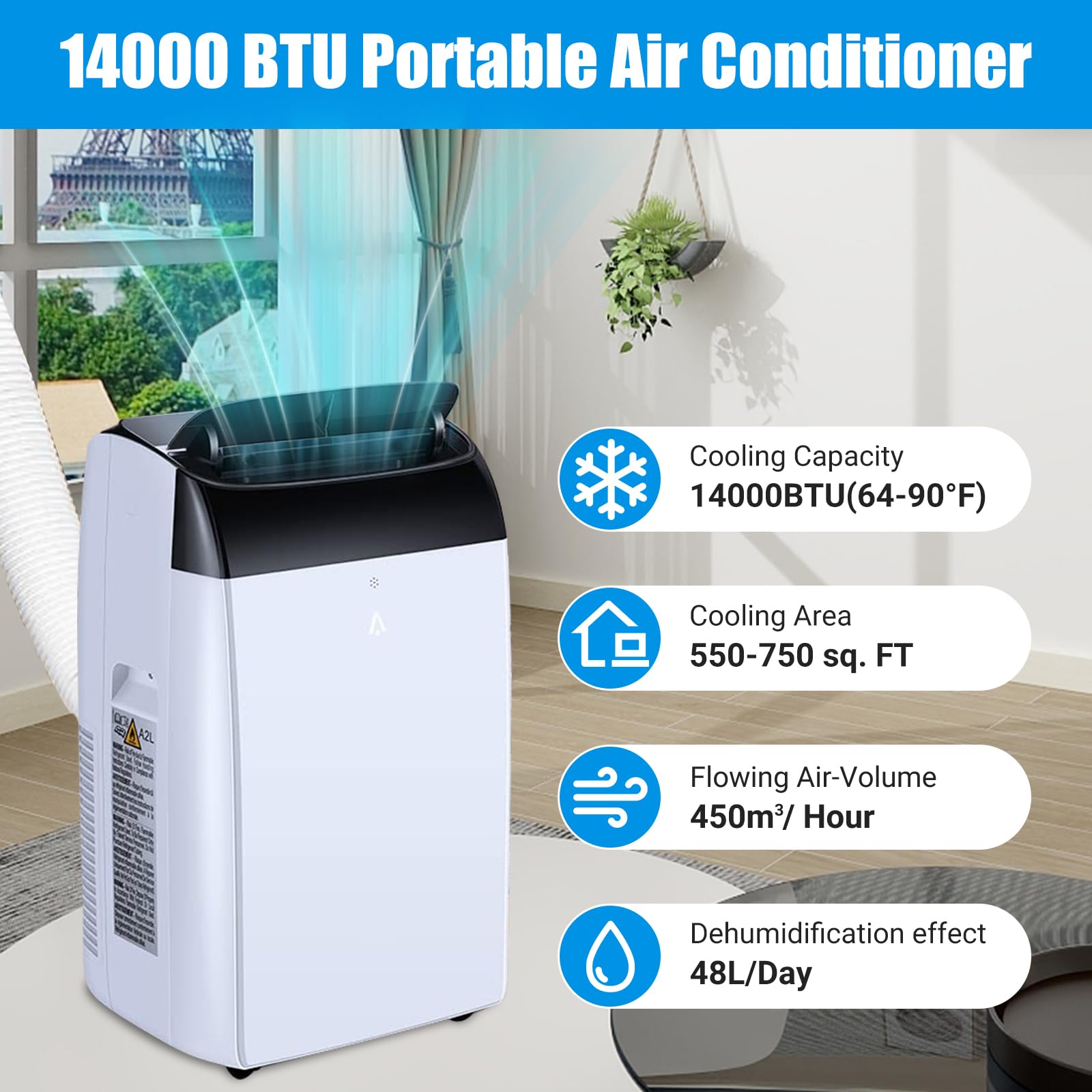 14000 Btu Portable Air Conditioner Cools Up To 750 Sq.Ft, 3-In-1 Quiet Portable Ac Unit With Remote Control & Installation Kits