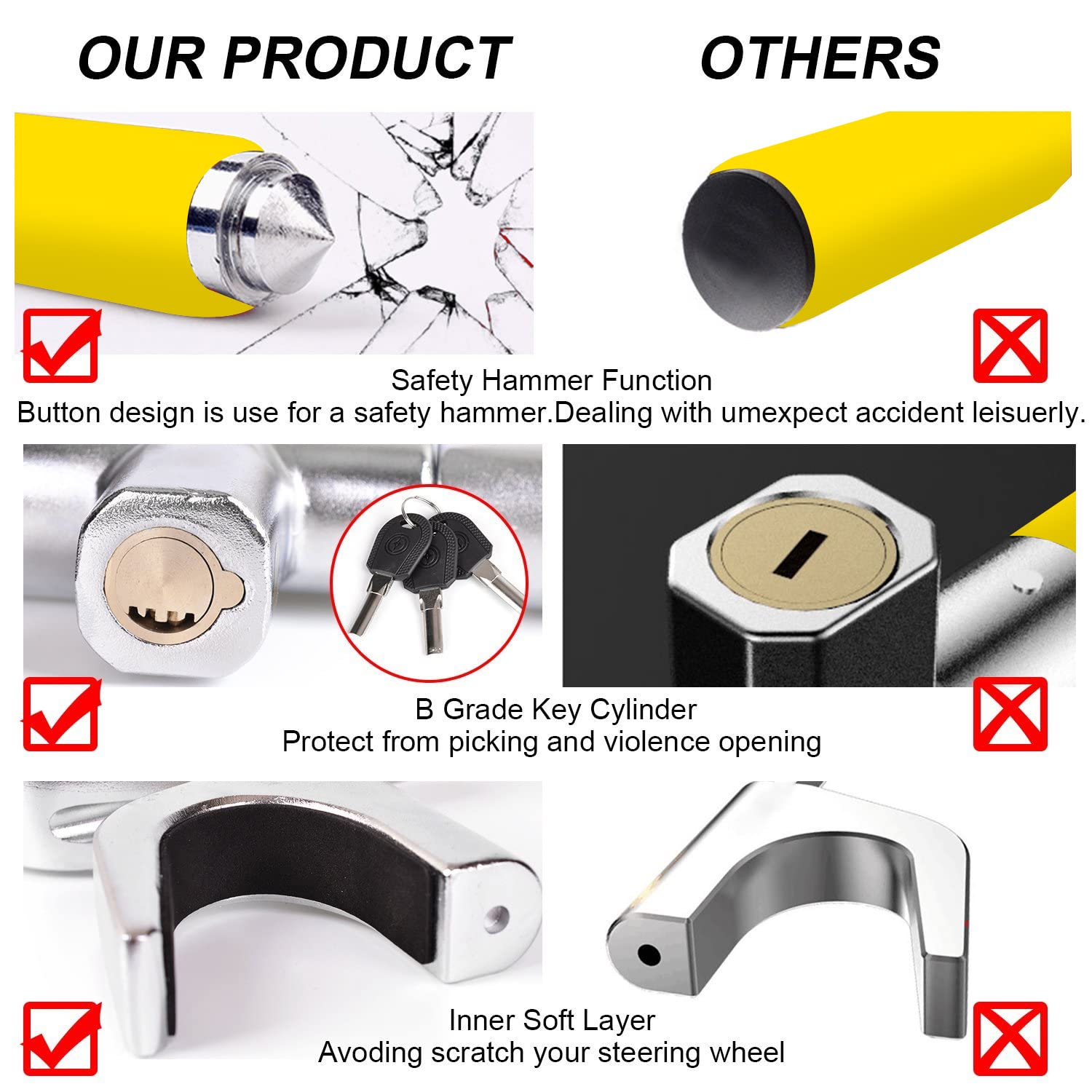 Tevlaphee Steering Wheel Lock Anti Theft Car Device Universal Car Theft Prevention Car Lock Adjustable Double Hook Emergency Ham