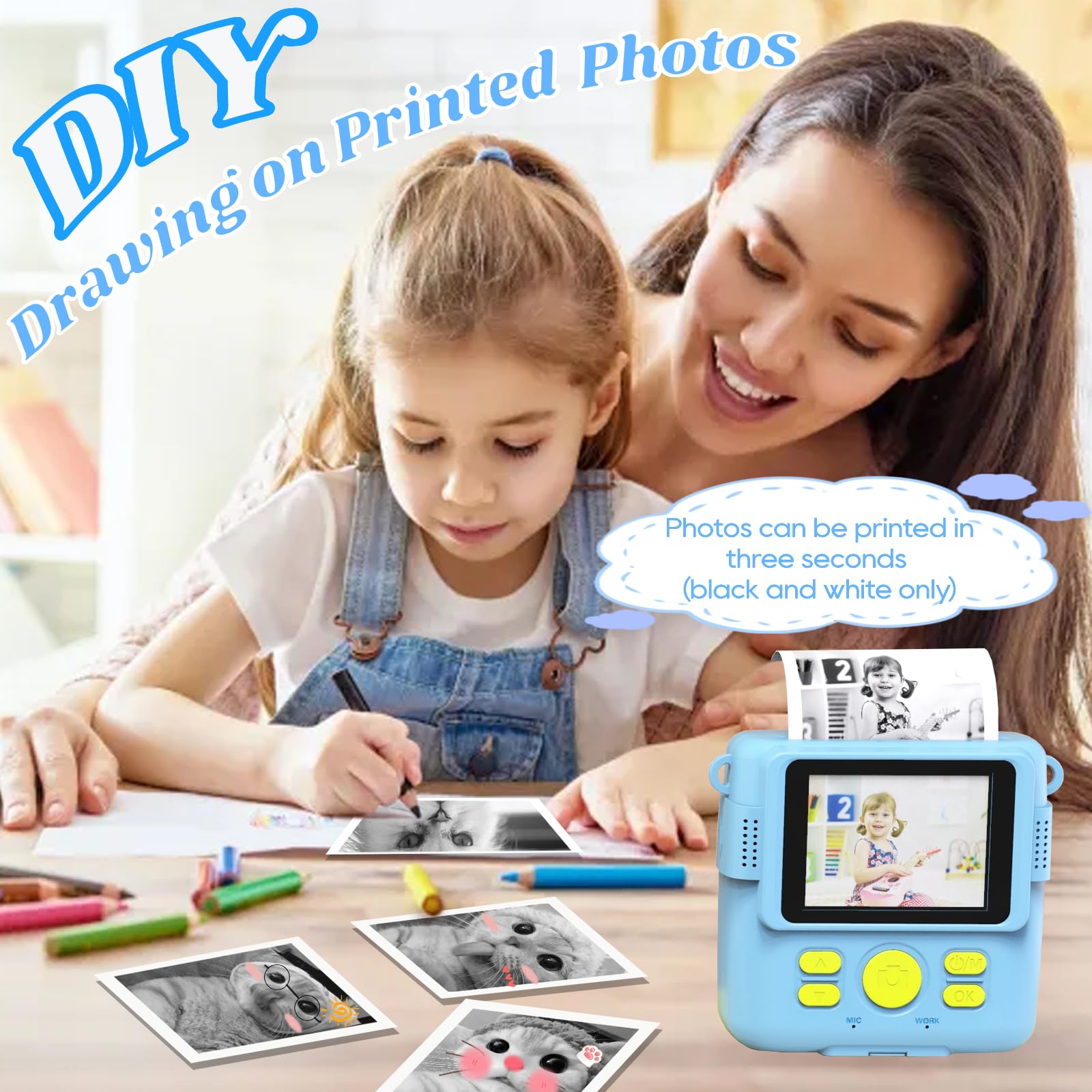Instant Print Camera For Kids With 3 Rolls Of Printer Paper, 1080P Toddler Digital Camera Toys For Age 3 12 With 32Gb Sd Card, Christmas & Birthday Gifts For 3 4 5 6 7 8 Year Old Girls & Boys (Blue)