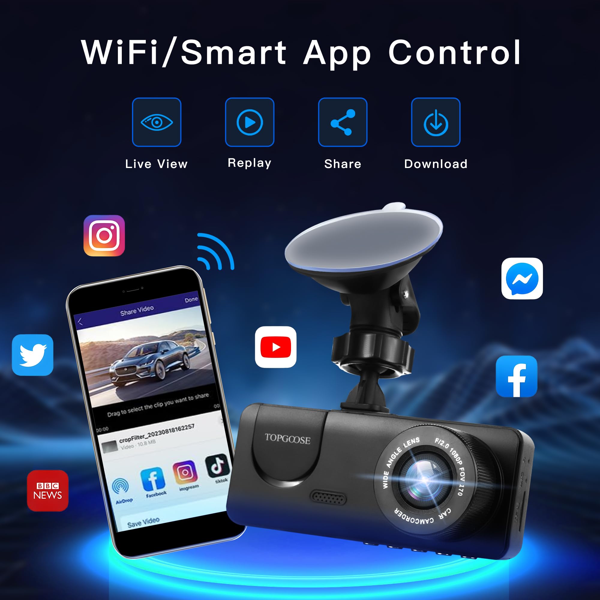 3 Channel Dash Cam Wifi Fhd 1080P Car Camera 64Gb Tf Card,Topgoose Front Dash Camera Front And Rear Inside For Cars,Mini Dashcam