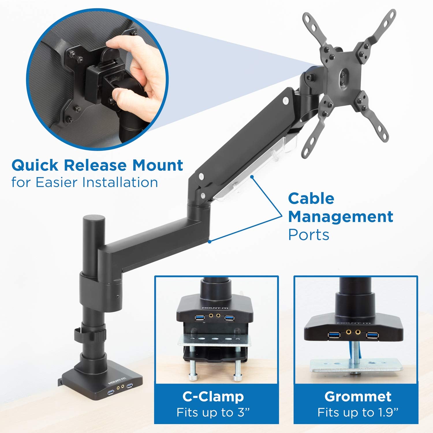 Mount It! Ultrawide Monitor Arm, Heavy Duty 34 Inch Monitor Desk Mount for Screens up to 35 Inch and 33 Lbs, Vesa 100x100 Compatible, Height Adjustable Gas Spring Arm with 2 USB 3.0 and Audio Ports