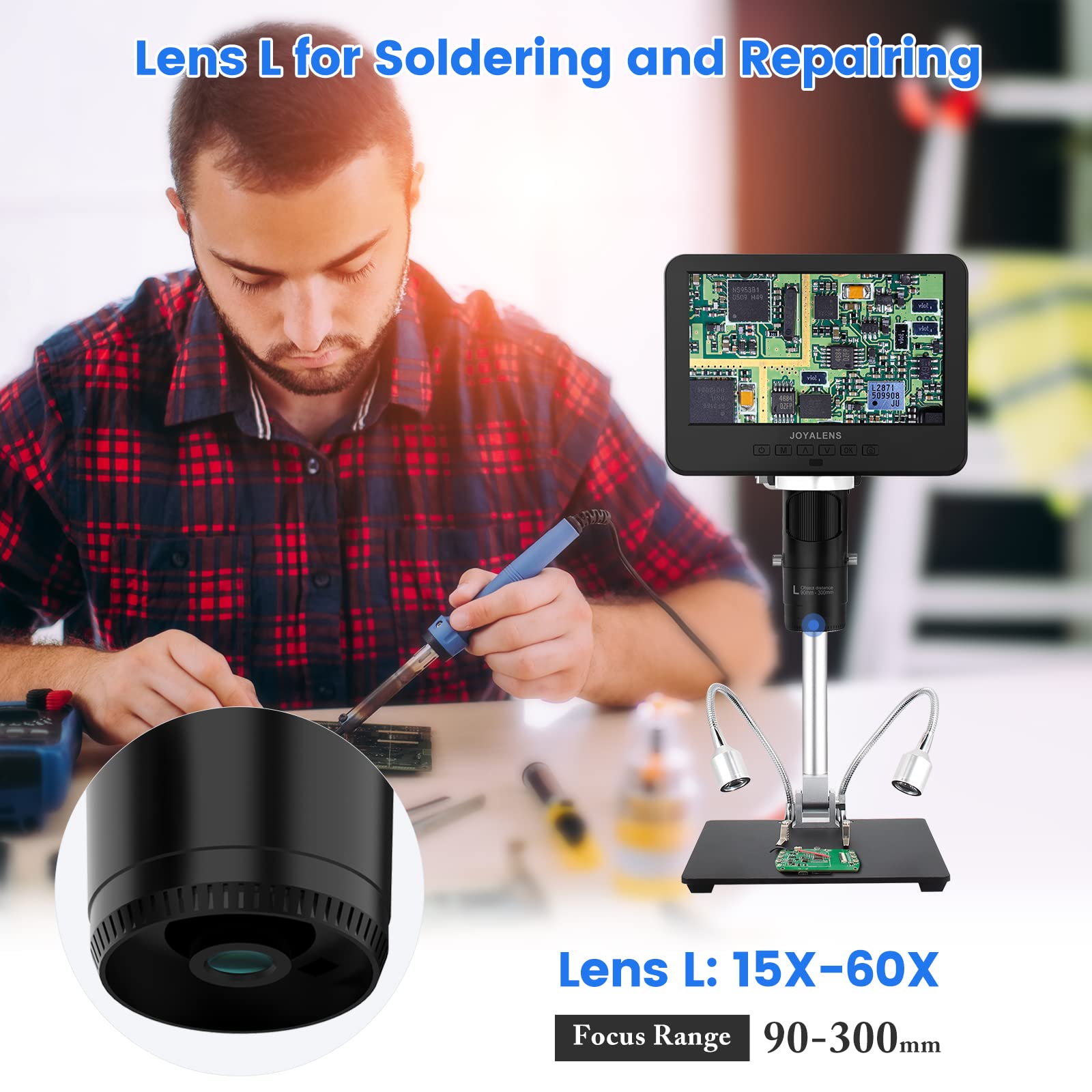 Joyalens Jl246M 3 In 1 7 Inch Lcd Digital Soldering Microscope, Adjustable Boom Arm Stand, 32Gb