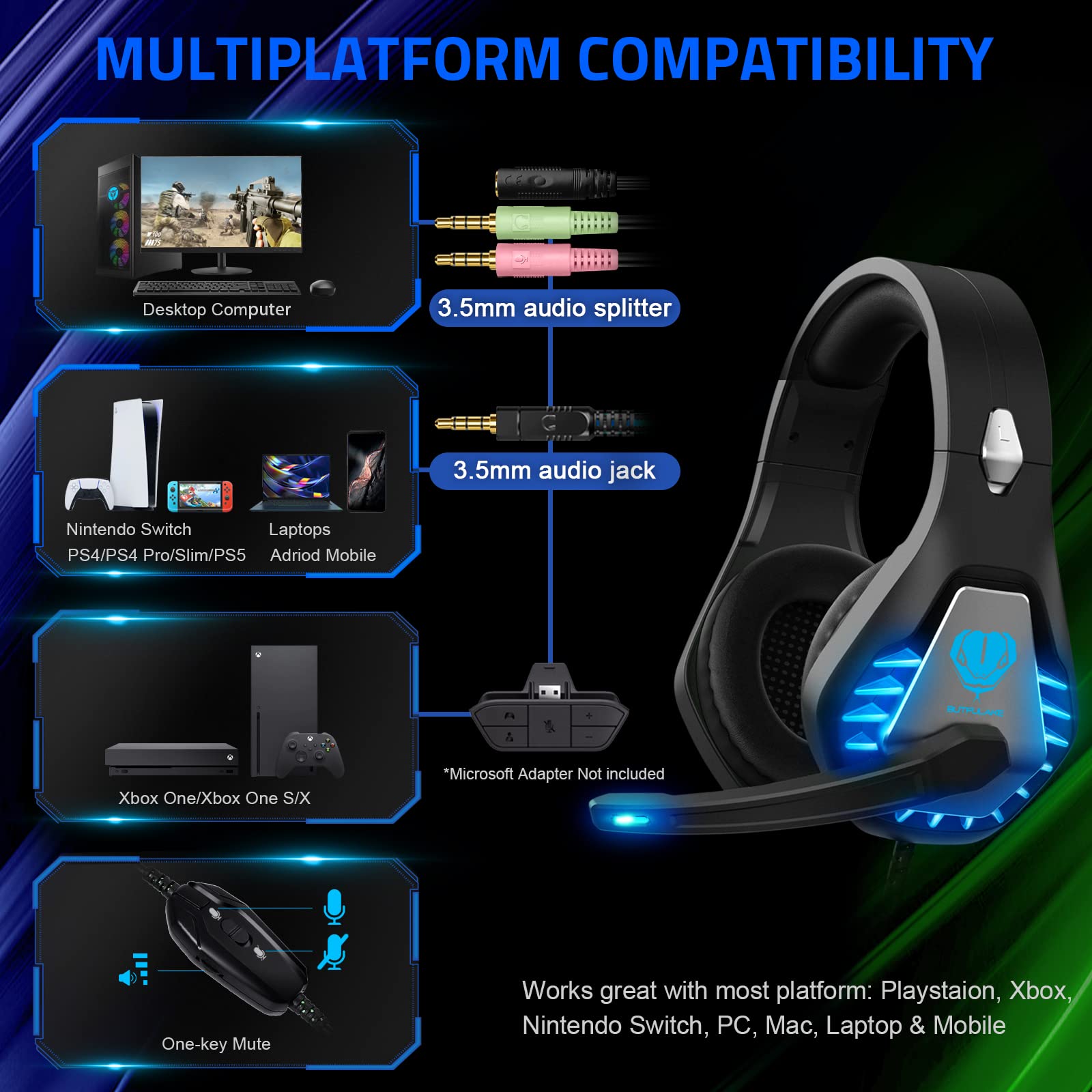 Pacrate Gaming Headset With Microphone For Switch Pc Ps4 Ps5 Xbox One Noise Cancelling Gaming Headphones With Led Lights For Kid