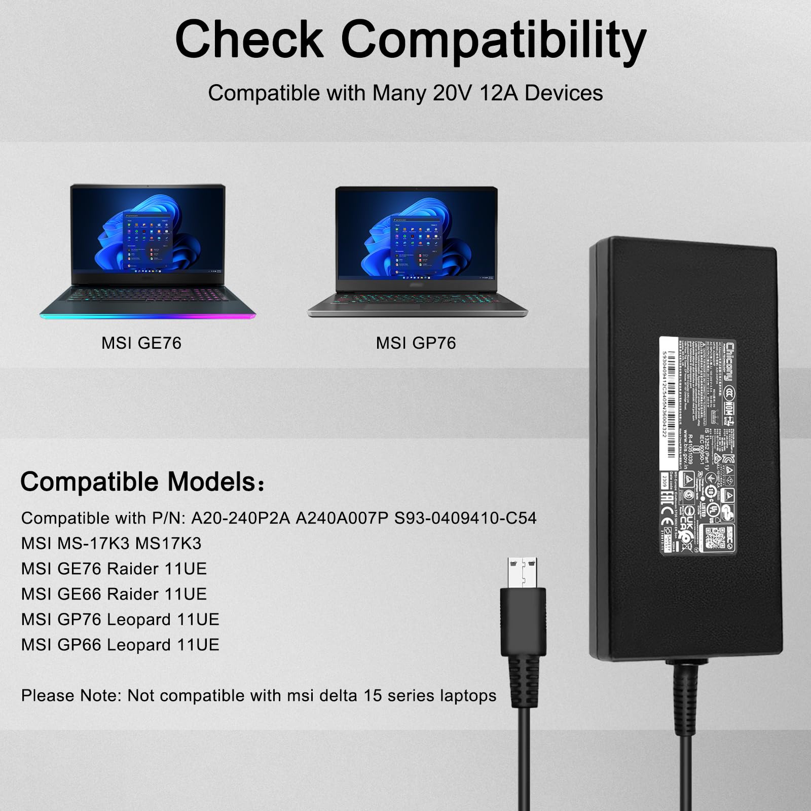 240W Usb Tip Charger For Msi Ge76 Ge66 Gp76 Gp66 Gs77 Ms 17K3 A20 240P2A A240A007P S93 0409410 C54 (Not Work With Msi Delta 15 Series, Not Replace 280W)