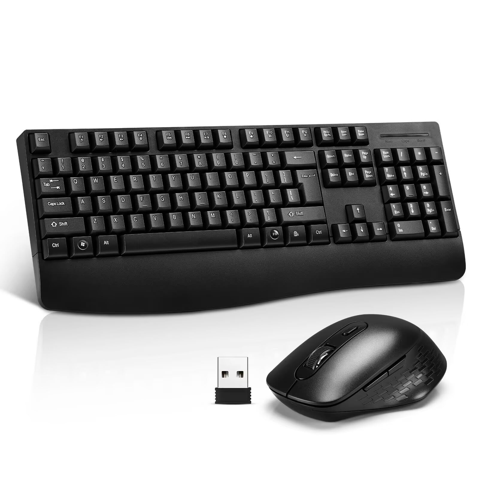 Wireless Computer Keyboard And Mouse Combo with Palm Rest, Large Number Pad, LED Indicators,2.4Ghz Ergonomic, Foldable Stands,An