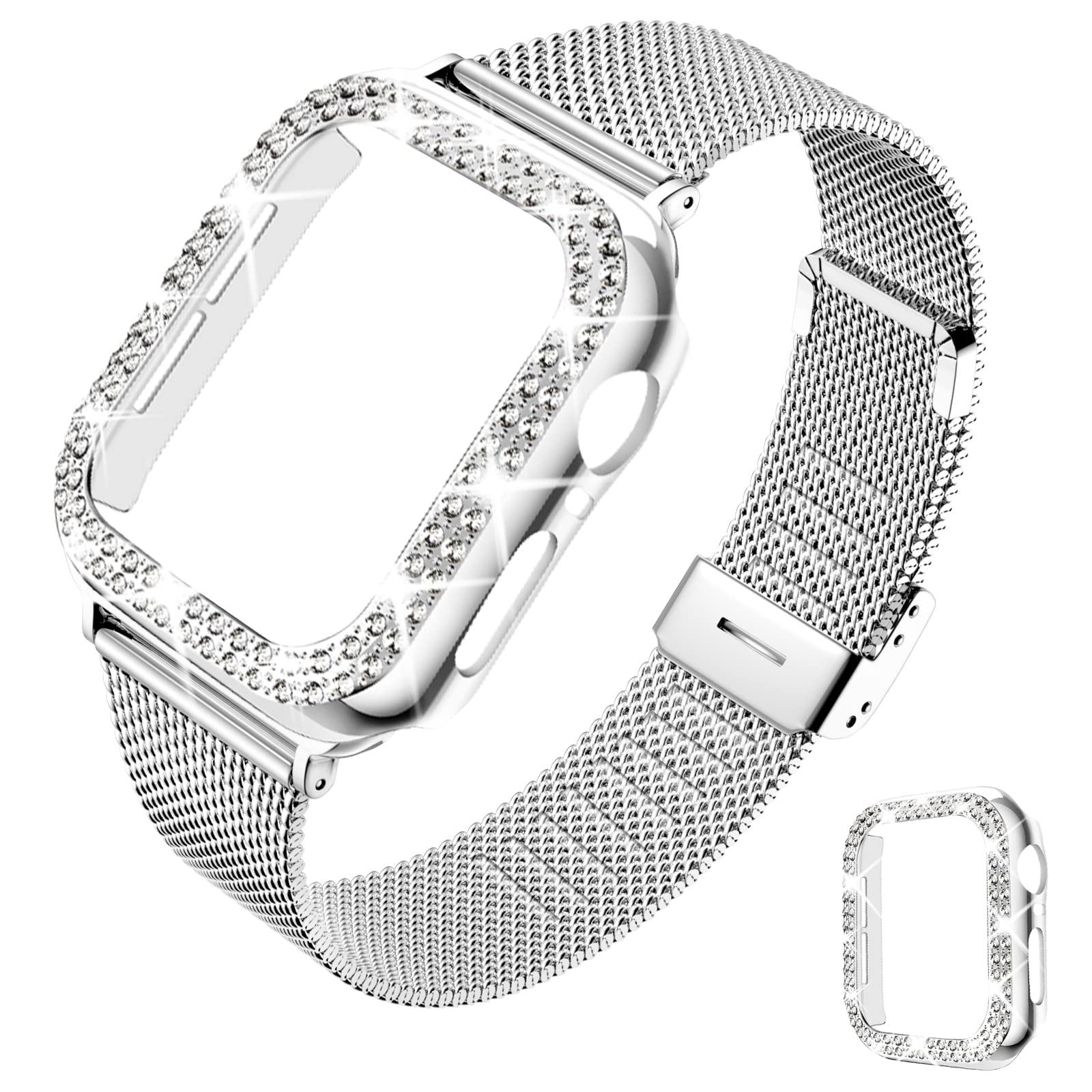 Dabaoza Compatible Bling Apple Watch Band 45Mm For Women With Bumper, Glitter Case Cover Girls Stainless Steel Mesh Loop Strap M