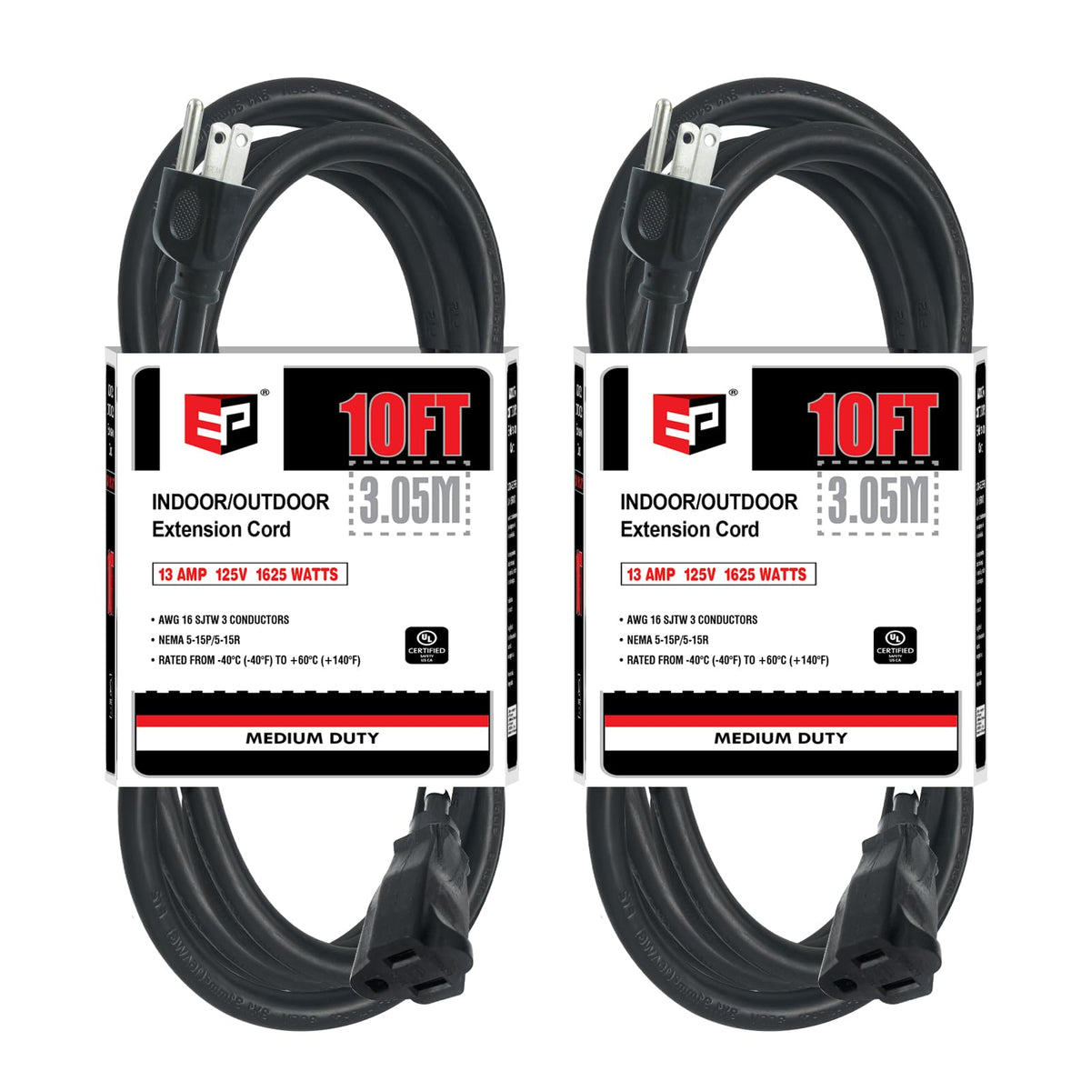 Ep 2 Pack 10 Ft Outdoor Extension Cord   16/3 Sjtw Black Electrical Cable With 3 Prong Grounded Plug