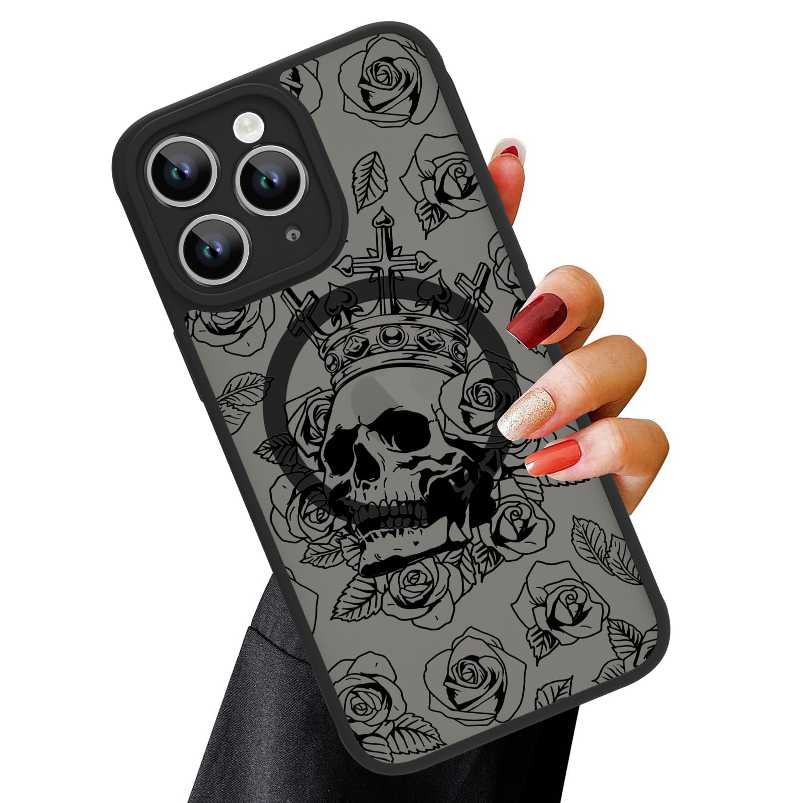 Ook Magnetic For Iphone 11 Pro Case Black Flower Skull Pattern [Compatible With Magsafe] Slim Translucent Matte Camera Lens Prot