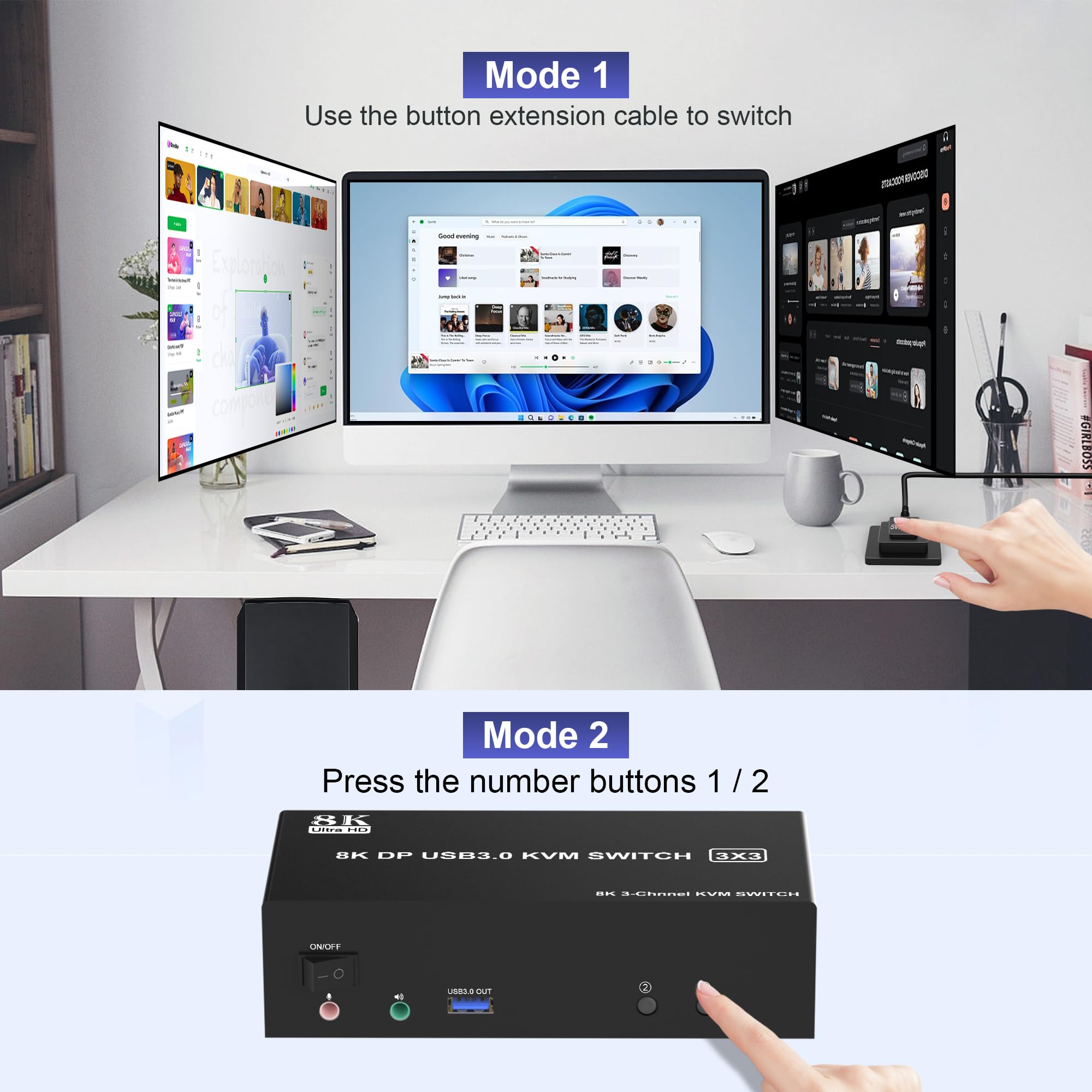 8K@60Hz Displayport Kvm Switch Usb 3.0 Triple Monitor For 2 Computer, Kvm Switch 3 Monitors 2 Computers With Audio And 3 Usb 3.0
