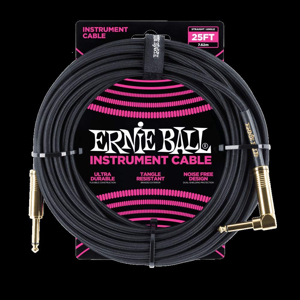 Ernie Ball Braided Instrument Cable, Straight/Angle, 25Ft, Black (P06058)