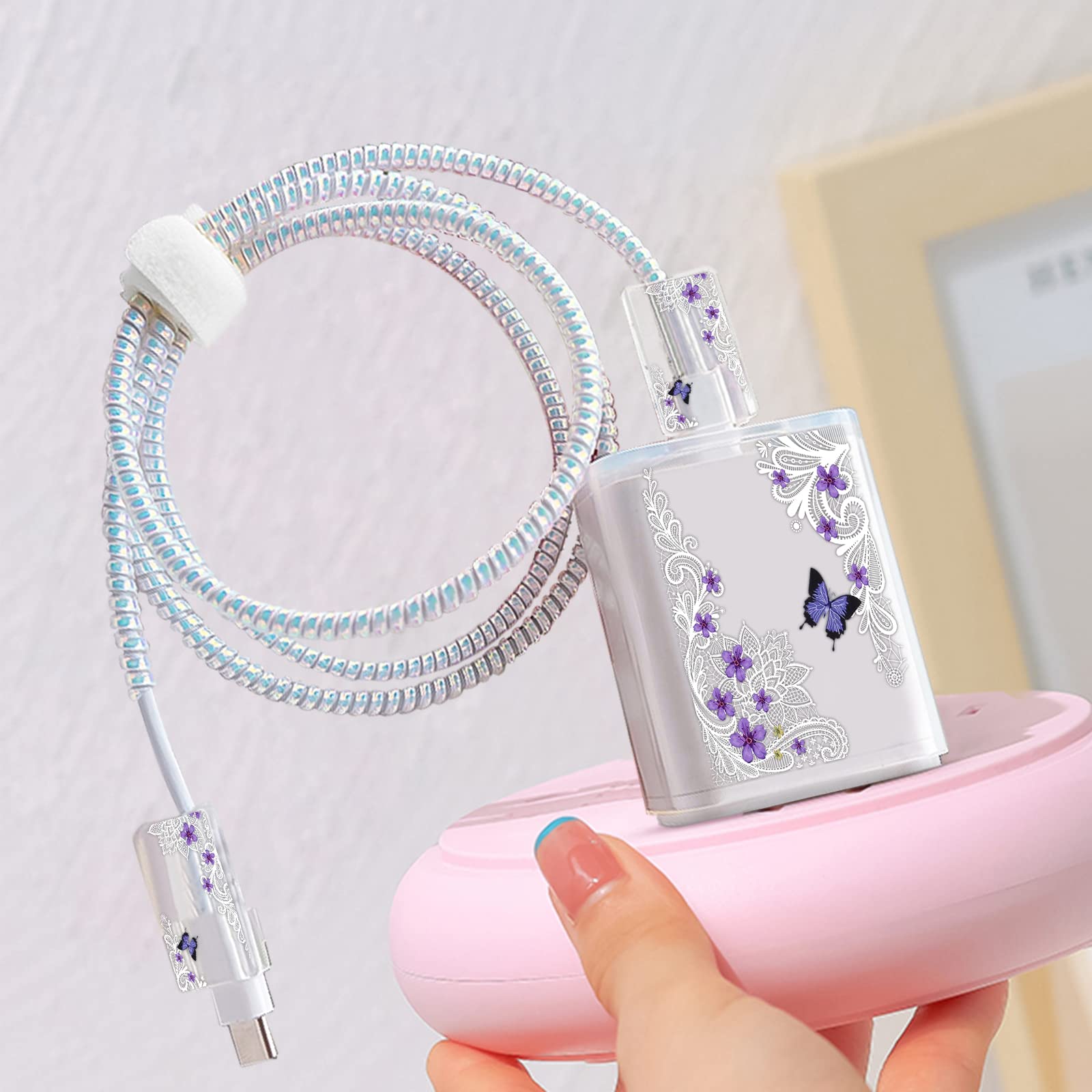 Cute Phone Charger Storage Case Set With Carrying Bag Purple Flowers Floral Butterfly Pattern Cable Protector Accessories Travel