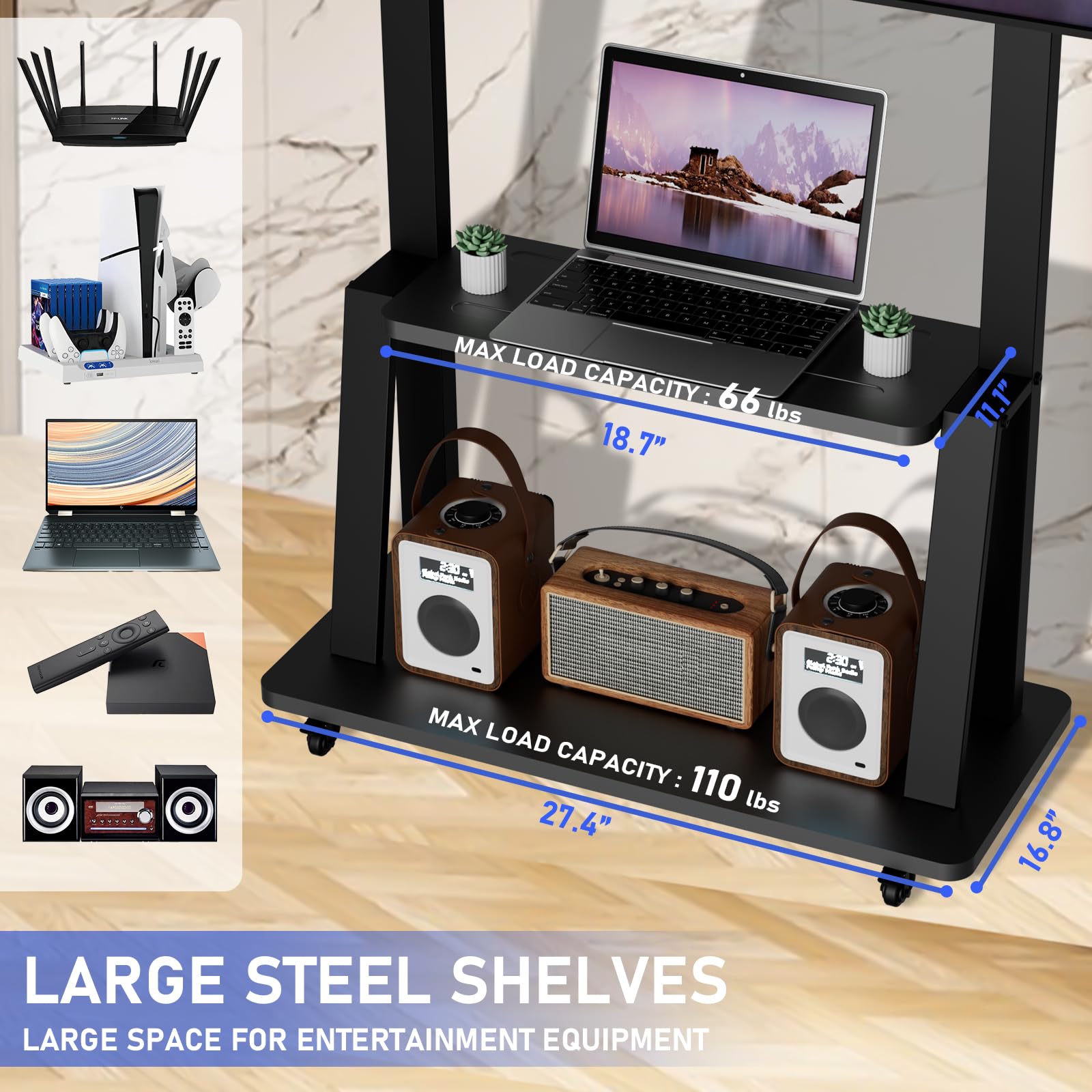 Duiliuu Rolling Tv Stand, Mobile Tv Cart With Wheels For 32 75 Inch Tv, Portable Tv Stand With Shelf,Hight Adjustable,Holds Up T