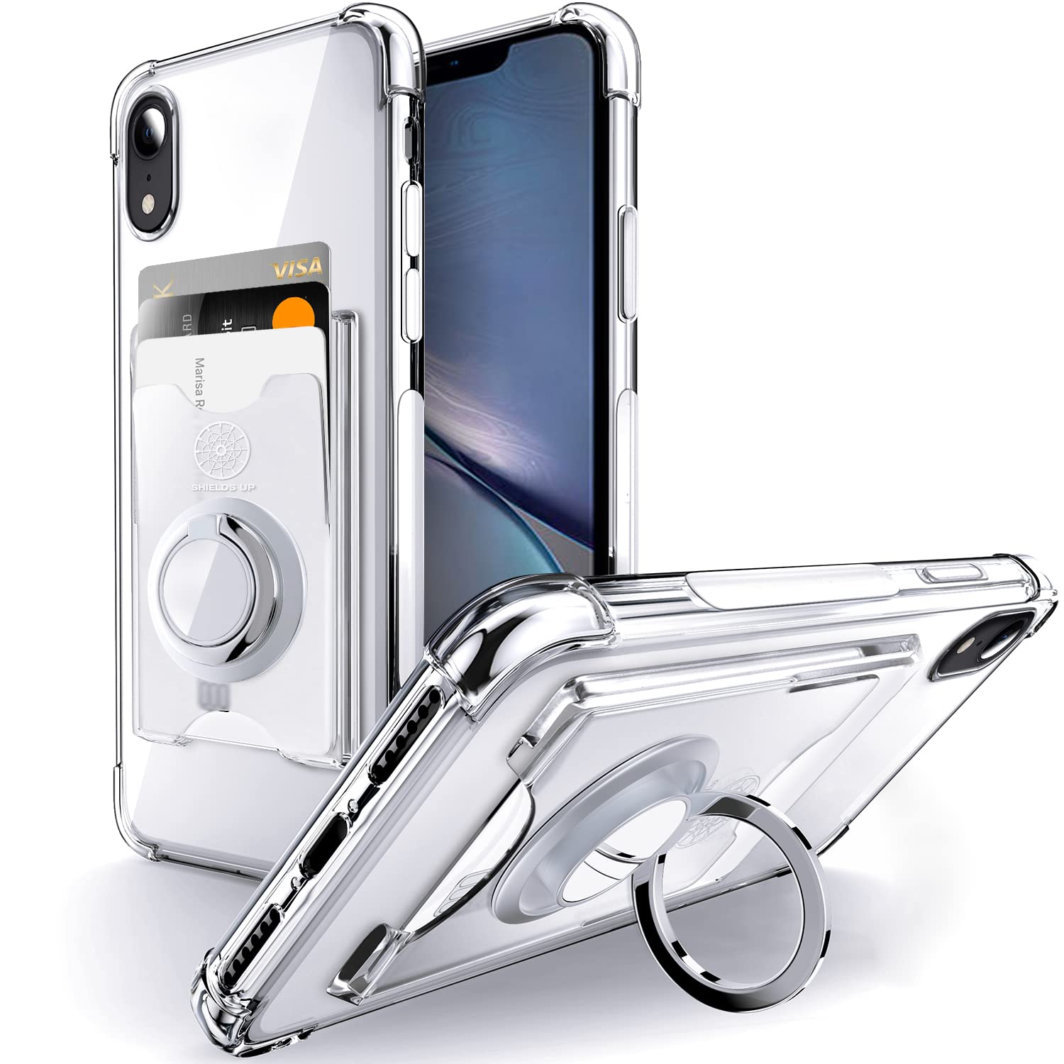 Shields Up for iPhone XR Case, Minimalist Wallet Case with Card Holder [3 Cards] & Ring Kickstand/Stand, [Drop Protection] Slim 