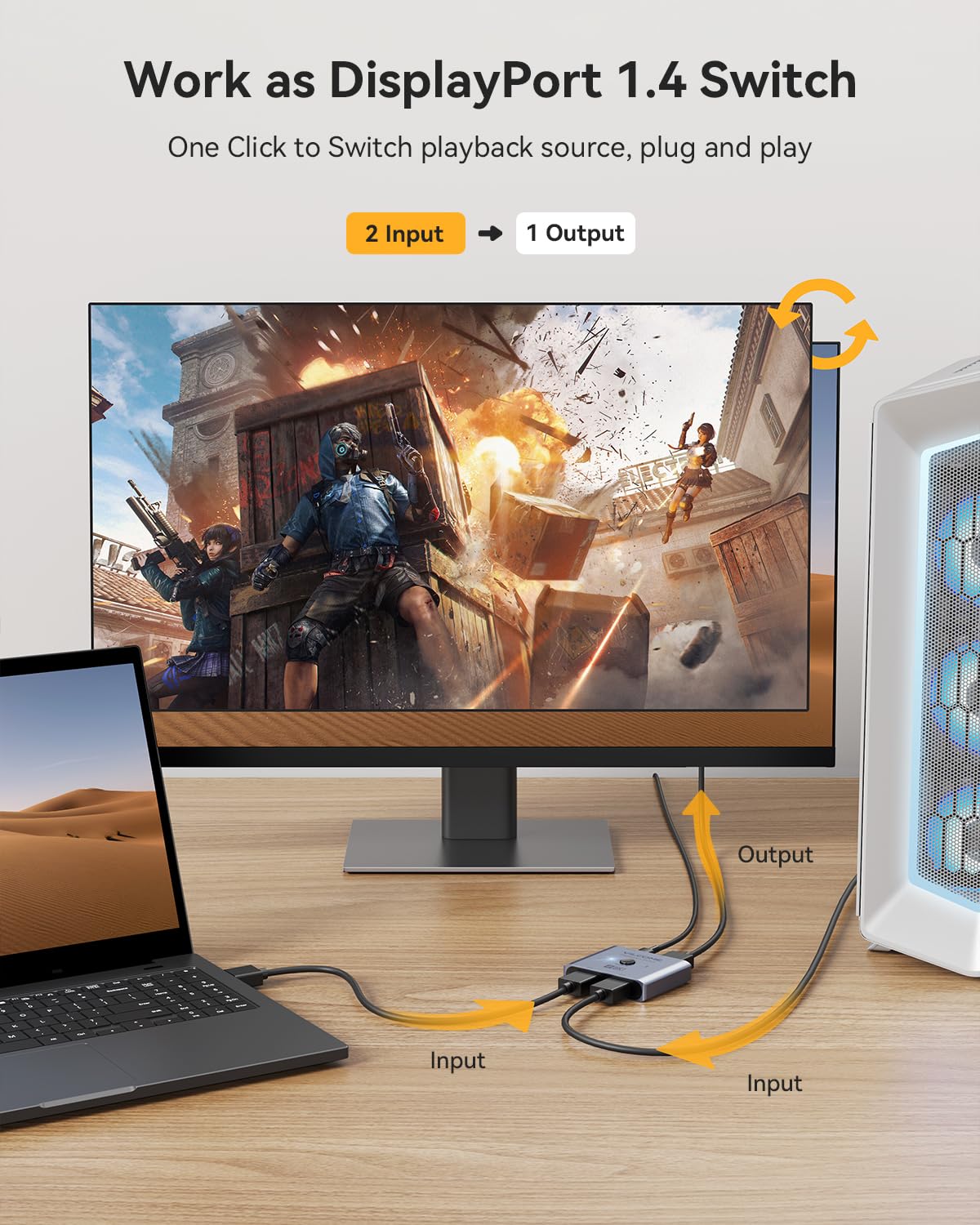 Vilcome Displayport Switch 8K Splitter, Plug & Play, One Button Switching, Bidirectional Display Port Switcher Box 2 In 1 Out/ 1